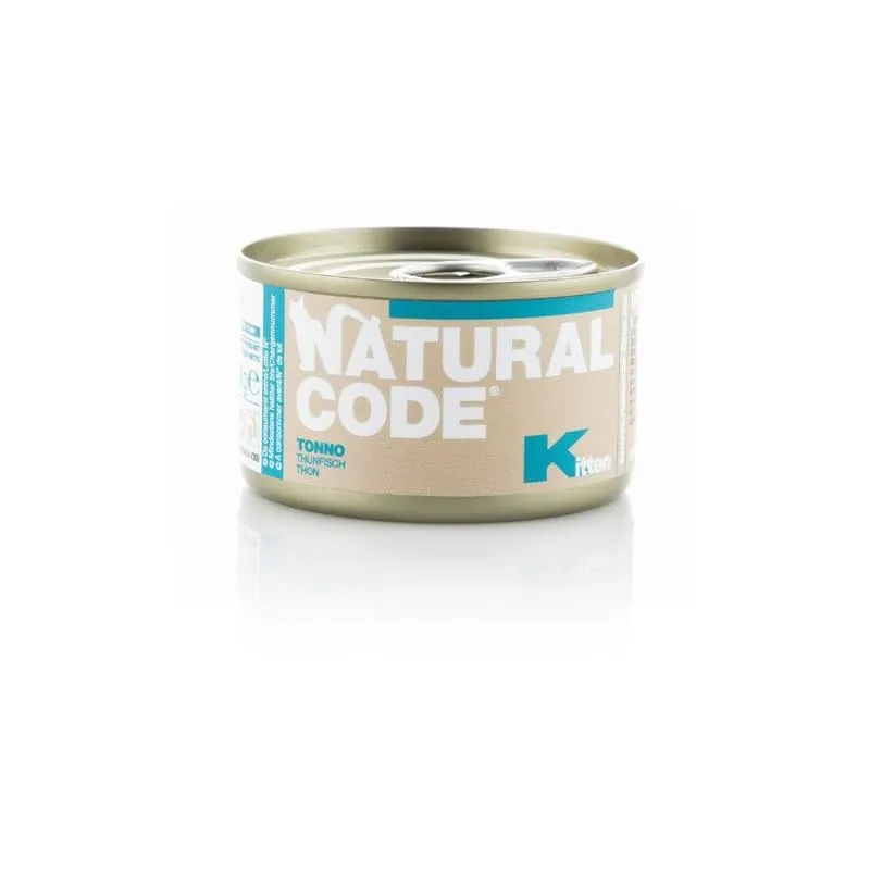 Natural Code Umido Gatto Kitten Baby gusto TONNO, alimento completo in sfilaccetti per gattini cuccioli dai 4 ai 12 mesi di età, altamente digeribile | 12 scatolette da 85 grammi l'una.