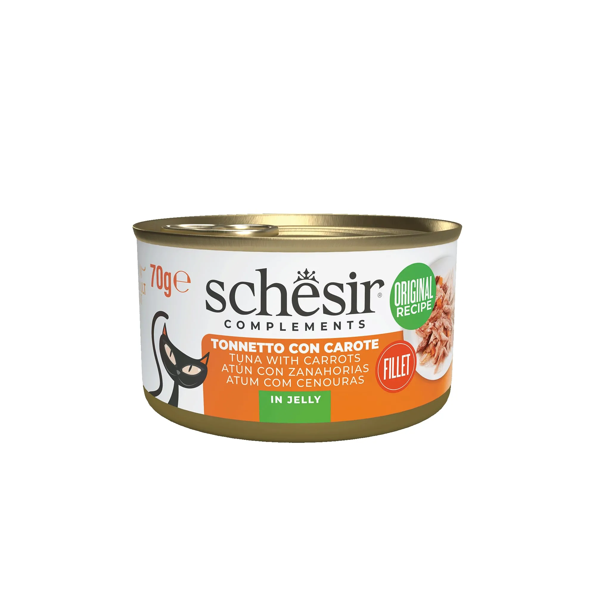 Schesir, Filetti di Tonno con Carote in Gelatina, Cibo Umido Complementare per Gatti, Ricetta Originale, 100% Naturale, 12 lattine da 70g