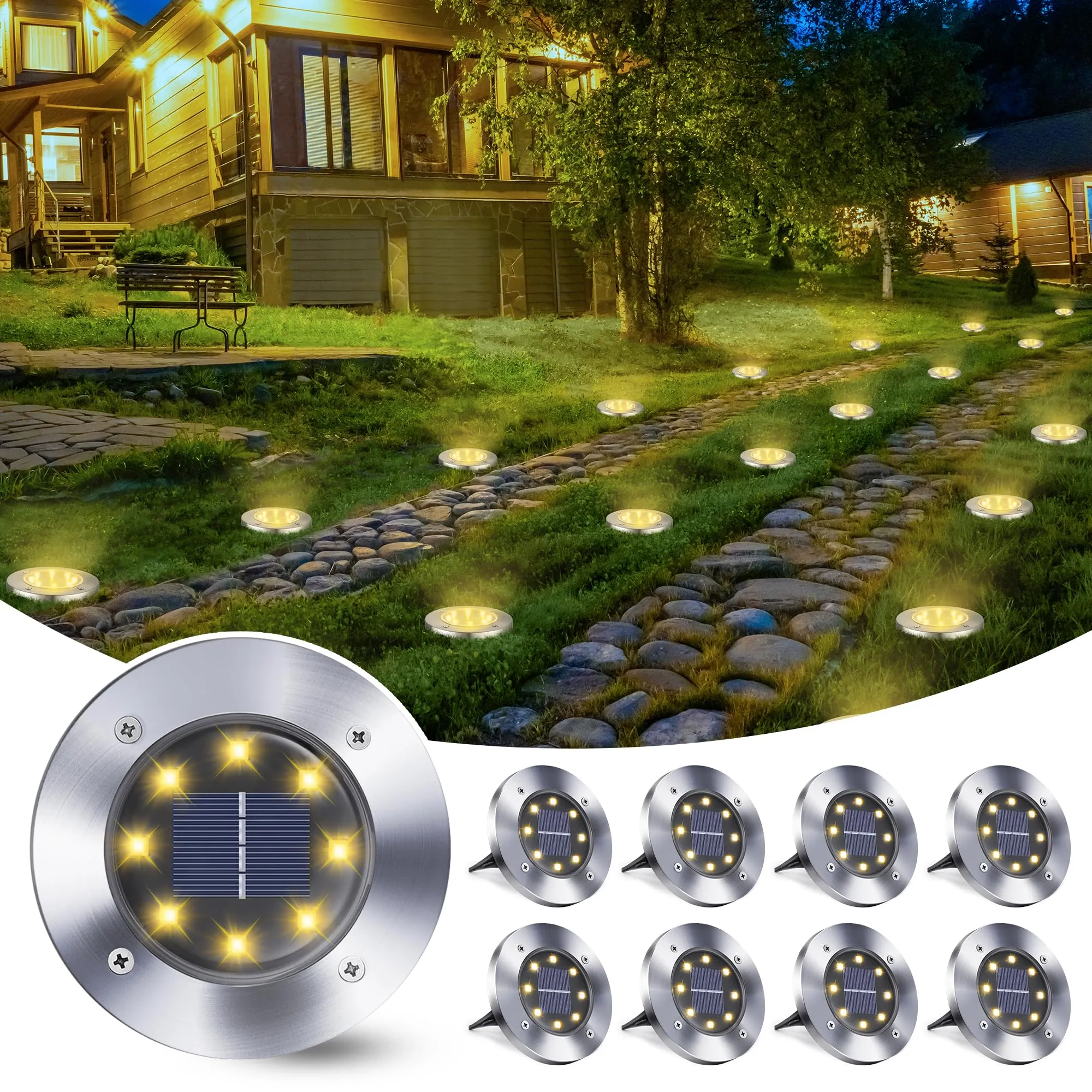 Qedertek 8 Pezzi Luci Solari Giardino Esterno, 8 LEDs Faretti led Luce Sepolta Bianco Caldo Lampada IP65 Impermeabile Luci Terra per Prato Vialetto Scala Paesaggio
