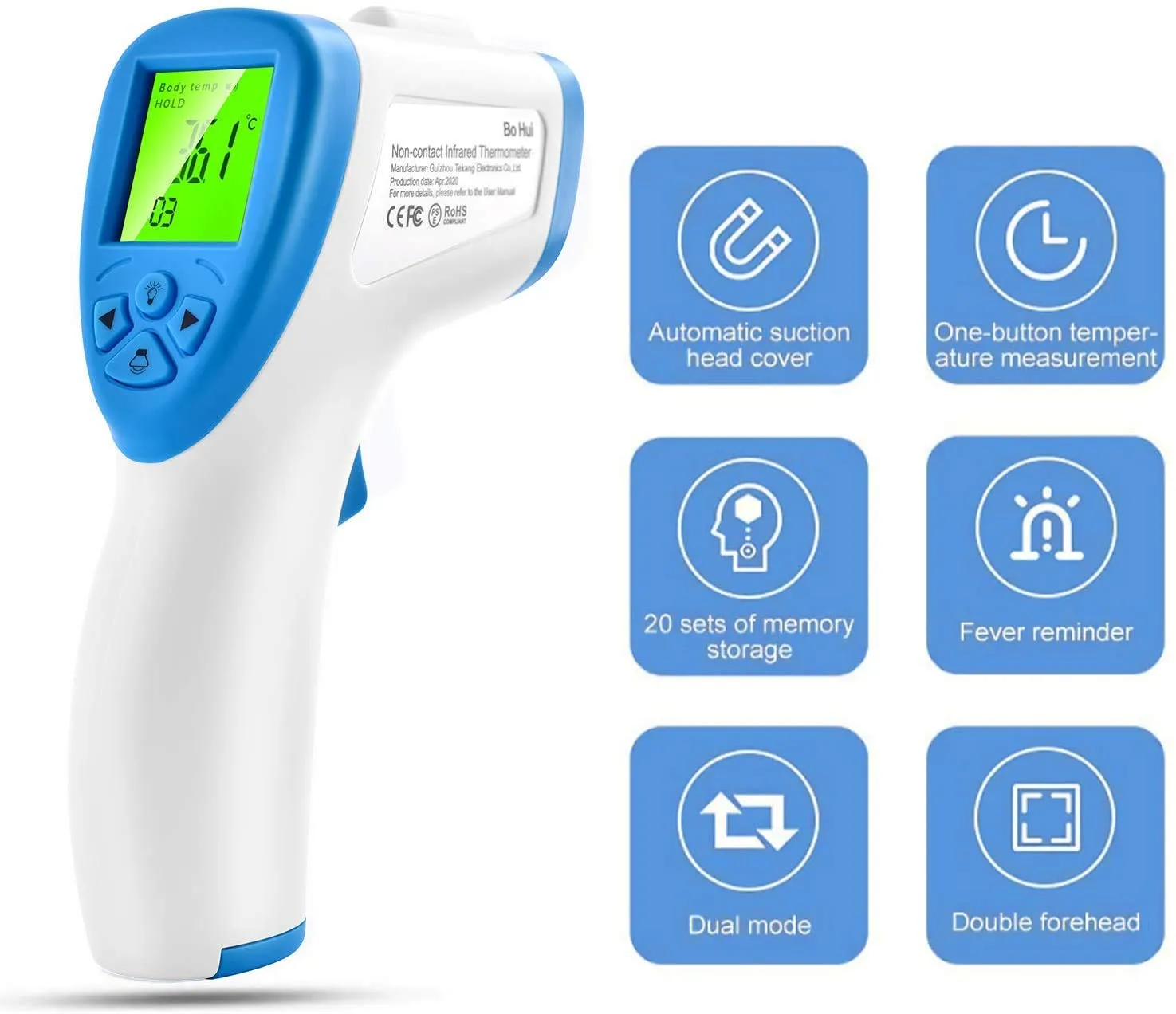 Bohui THERM-001 Termometro a Infrarossi senza Contatto, Schermo Retroilluminato LCD, Blu
