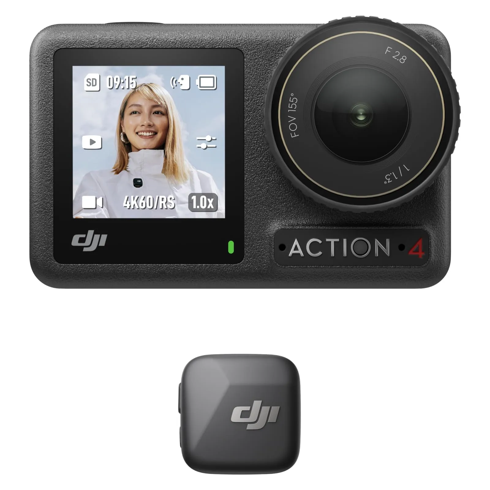 DJI Osmo Action 4 + Trasmettitore Mic Mini (Nero infinity), action cam, microfono senza fili, audio di alta qualità, OsmoAudio, cancellazione attiva del rumore, regolazione automatica