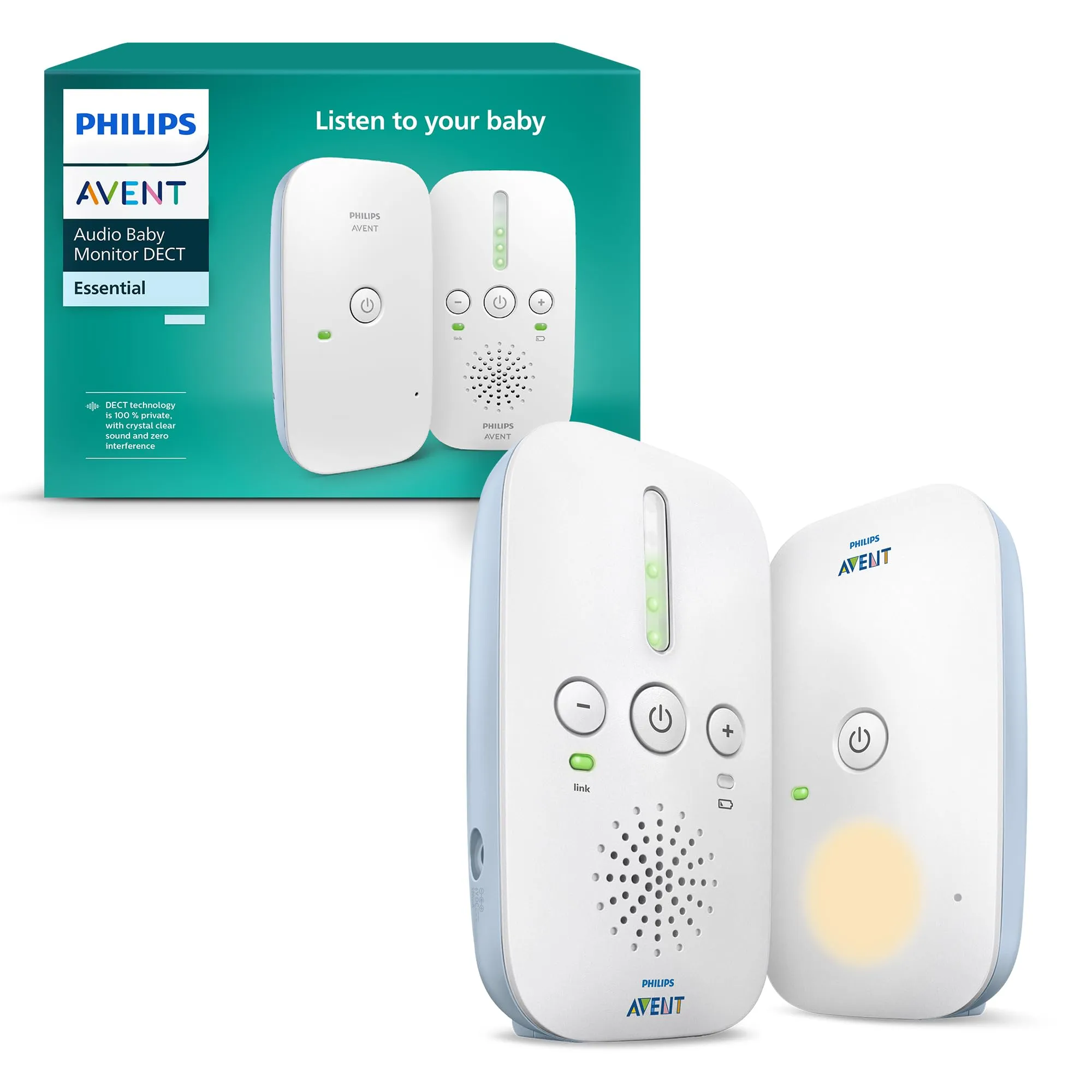 Philips Avent DECT Audio Baby Monitor, audio bidirezionale, nessuna interferenza, portata di 330 metri, durata della batteria di 24 ore, modalità Smart ECO, luce notturna, SCD503/26