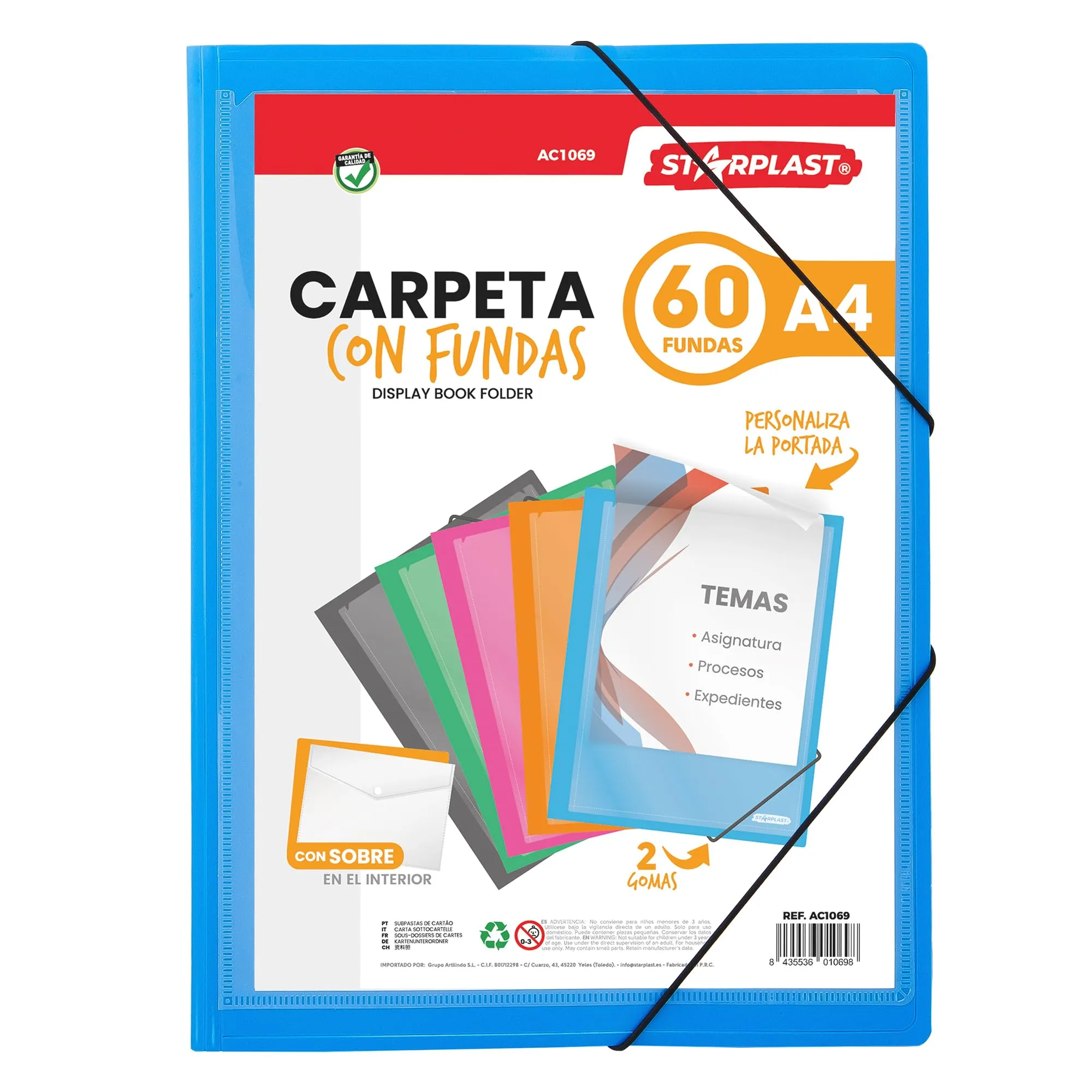 Starplast Cartelle con Buste - Cartelle in Plastica, Archiviatore, Portadocumenti, Chiusura Elastica, Formato A4, per Uso Scolastico e Ufficio - 40 Buste Blu