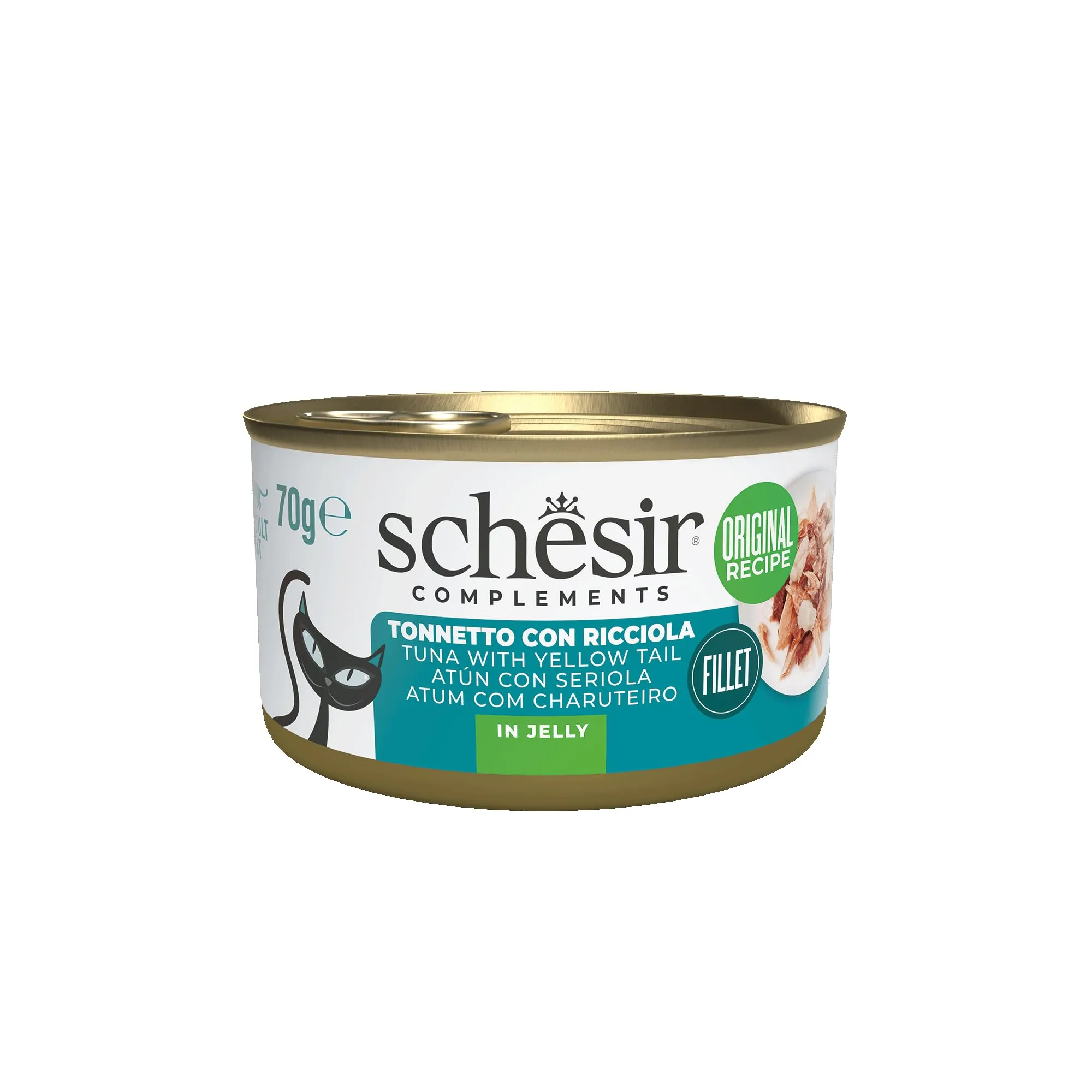 Schesir, Filetti di Tonno con Ricciola in Gelatina, Cibo Umido Complementare per Gatti, Ricetta Originale, 100% Naturale, 12 lattine da 70g