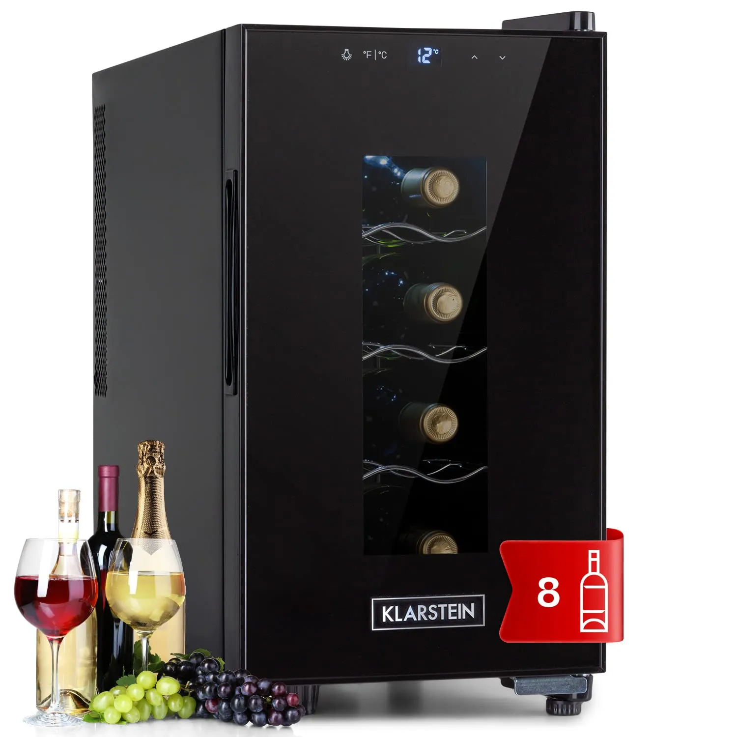 KLARSTEIN Cantinetta Vino, Cantinetta Vino Refrigerata a Zona Singola per Interno/Esterni, Frigo Bar, Cantina Vino con Vetrina, Mini Bar con Protezione UV, Frigo Vino Touch, 11-18°C, 8 Bottiglie