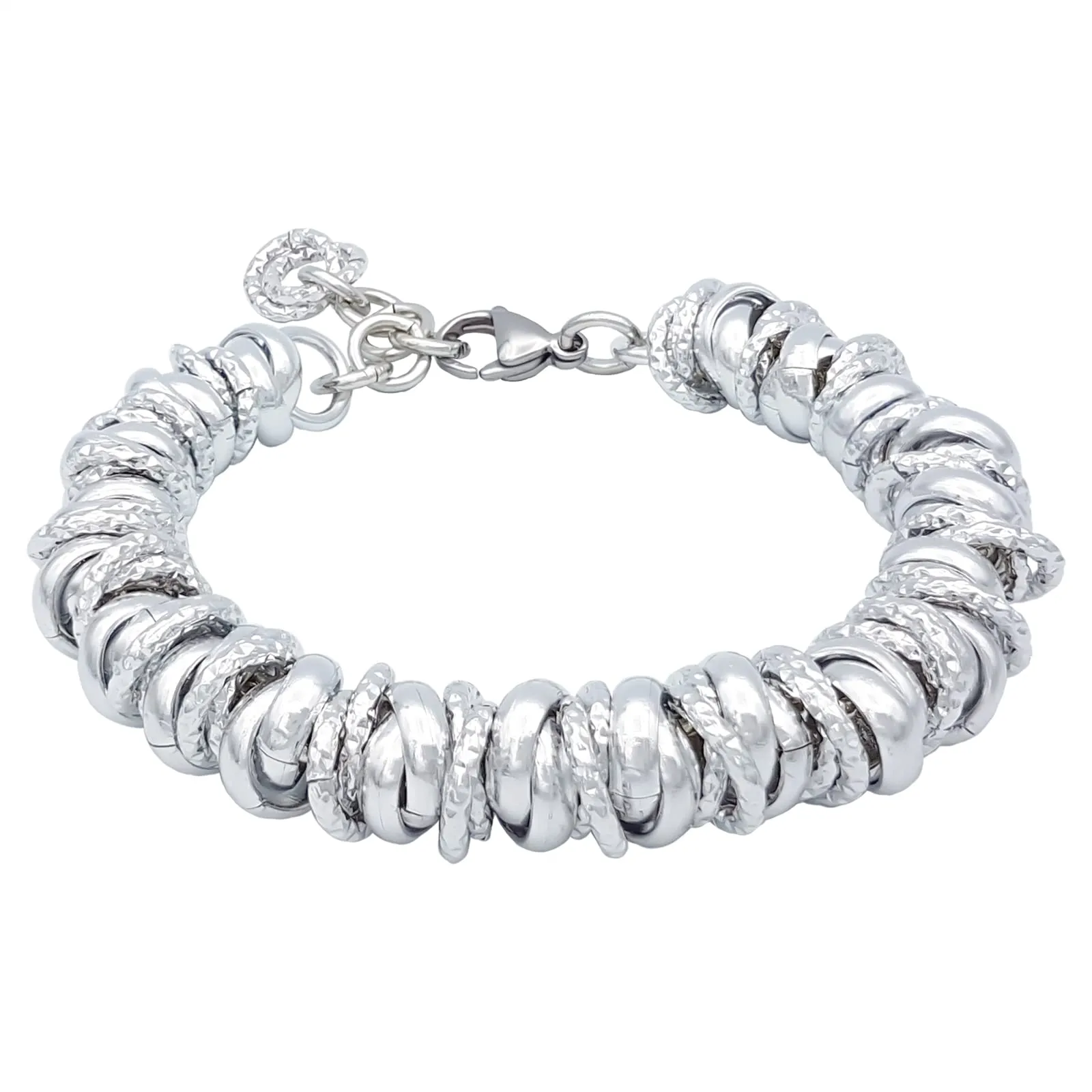 ParticolarModa Bracciale Donna regolabile nodini anellini lucido diamantato acciaio alluminio morbido 12 mm (Regolabile da 17 a 20 cm (x polso 13-15), Argentato)
