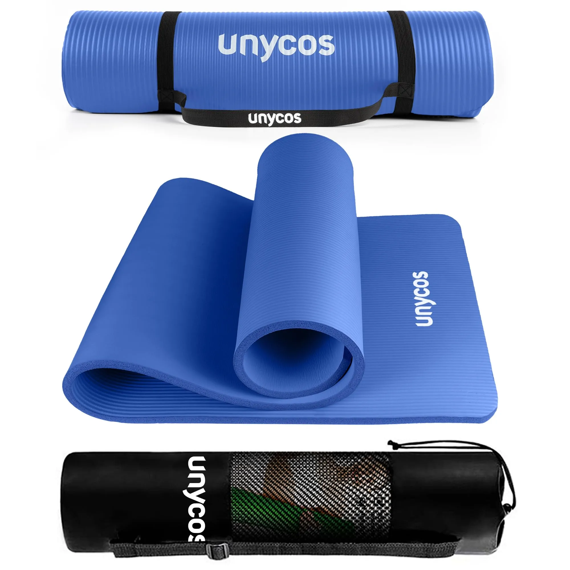 unycos - Tappetino Antiscivolo da Yoga, Pilates e Ginnastica Extra Spesso 10 mm, 183x60 cm, Materassino Fitness con Schiuma NBR Confortevole, Tracolla, Borsa ed E-Book di 50 Esercizi (Blu)
