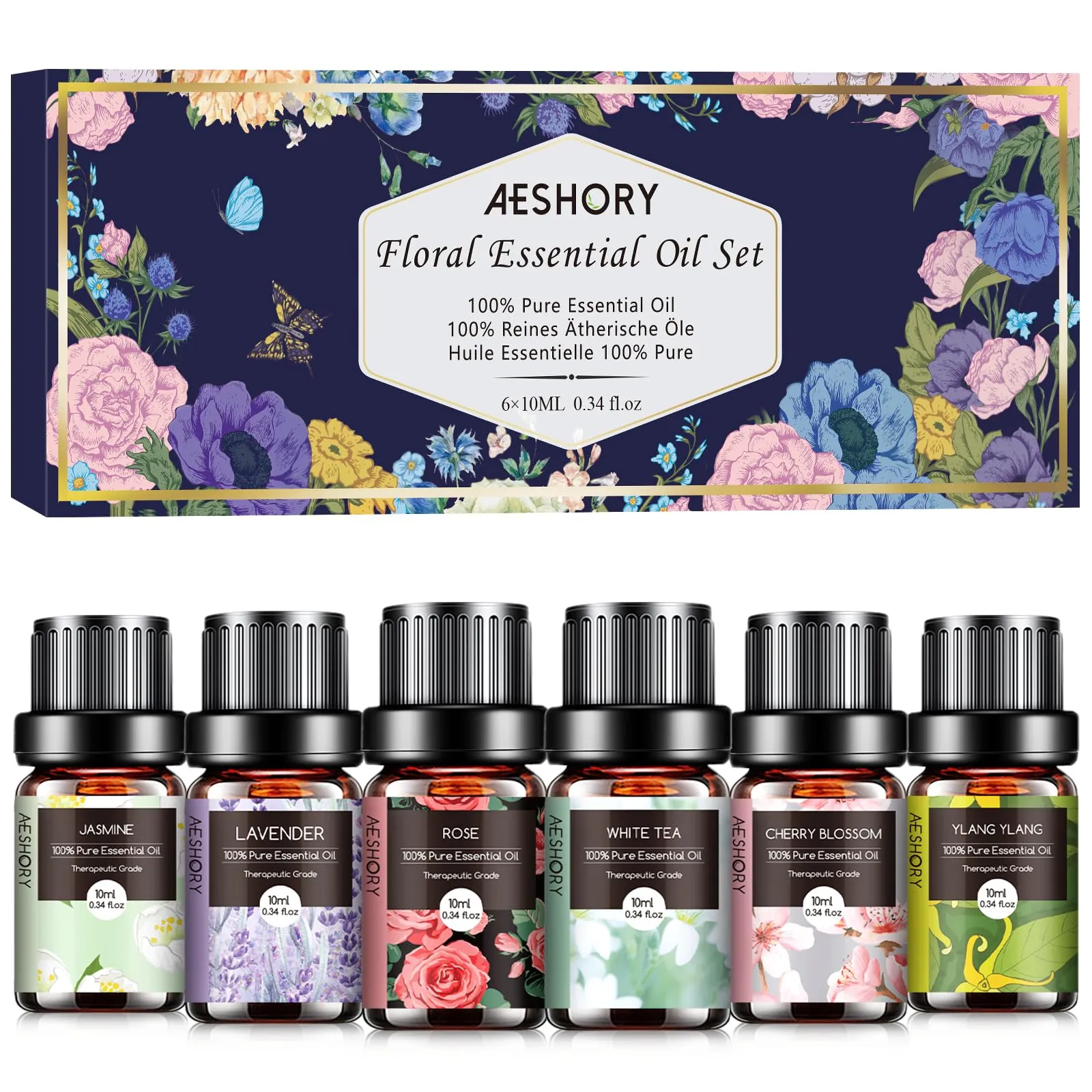 AESHORY Floreali Oli Essenziali per Diffusori 6 x 10ML, Set di Olio Essenziale di Aromaterapia Naturale al 100% per Massaggio, SPA - Lavanda, Rosa, Tè Bianco, Fiori di Ciliegio, Gelsomino, Ylang Ylang