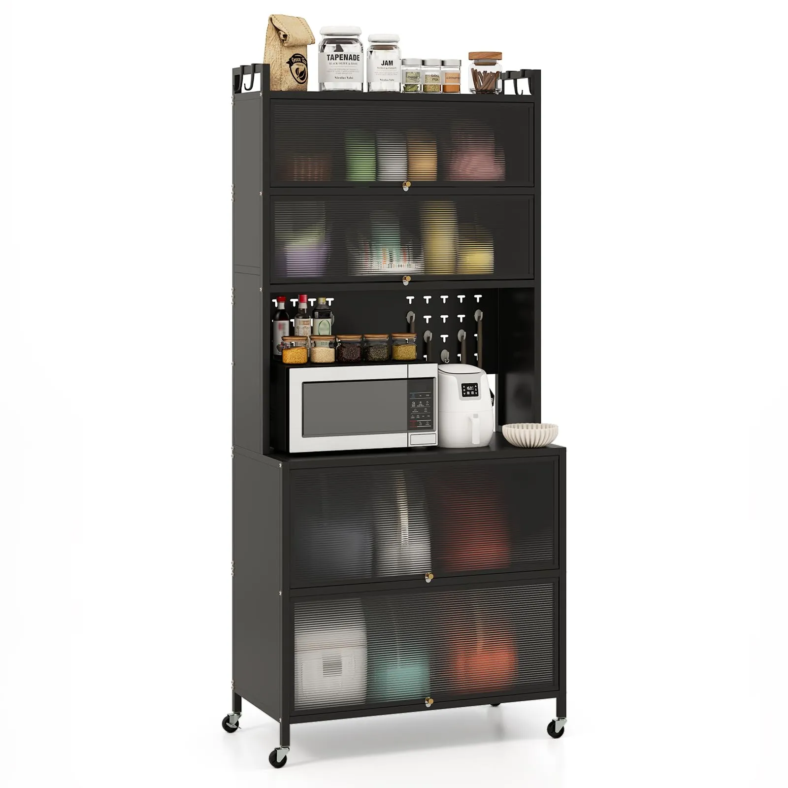 COSTWAY Credenza Alta per Cucina con 6 Ripiani e 4 Ante a Ribalta Traslucide, Mobile Cucina con Ruote e Panello a Ganci, Armadio Cucina Porta Microonde (80 x 40 x 178 cm,Nero)