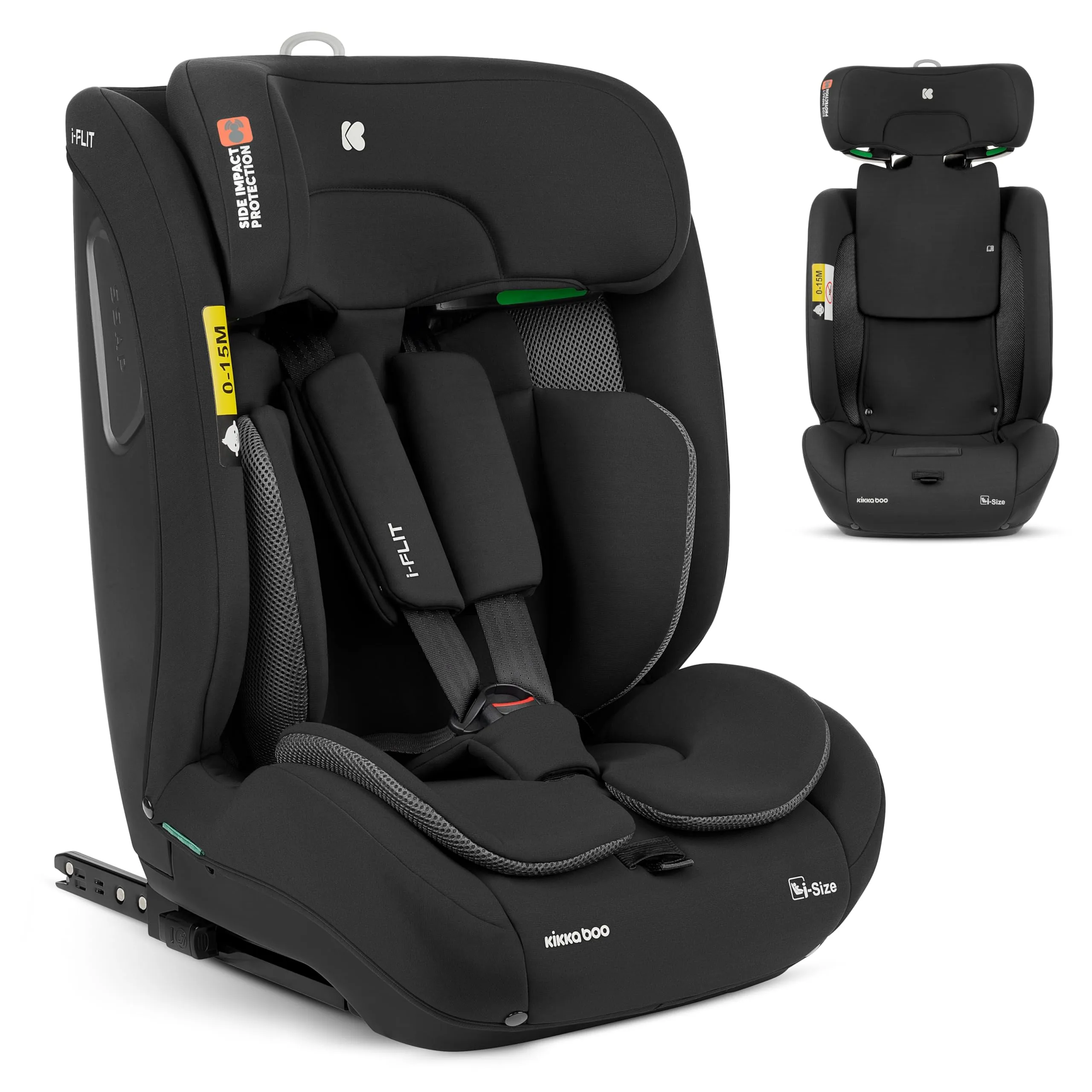 KikkaBoo Seggiolino Auto 9-36 kg ISOFIX i-FLIT, Gruppo 1 2 3, Reclinabile, da 15 Mesi a 12 Anni, i-Size, SPS, Top Tether, Poggiatesta Regolabile, Nero