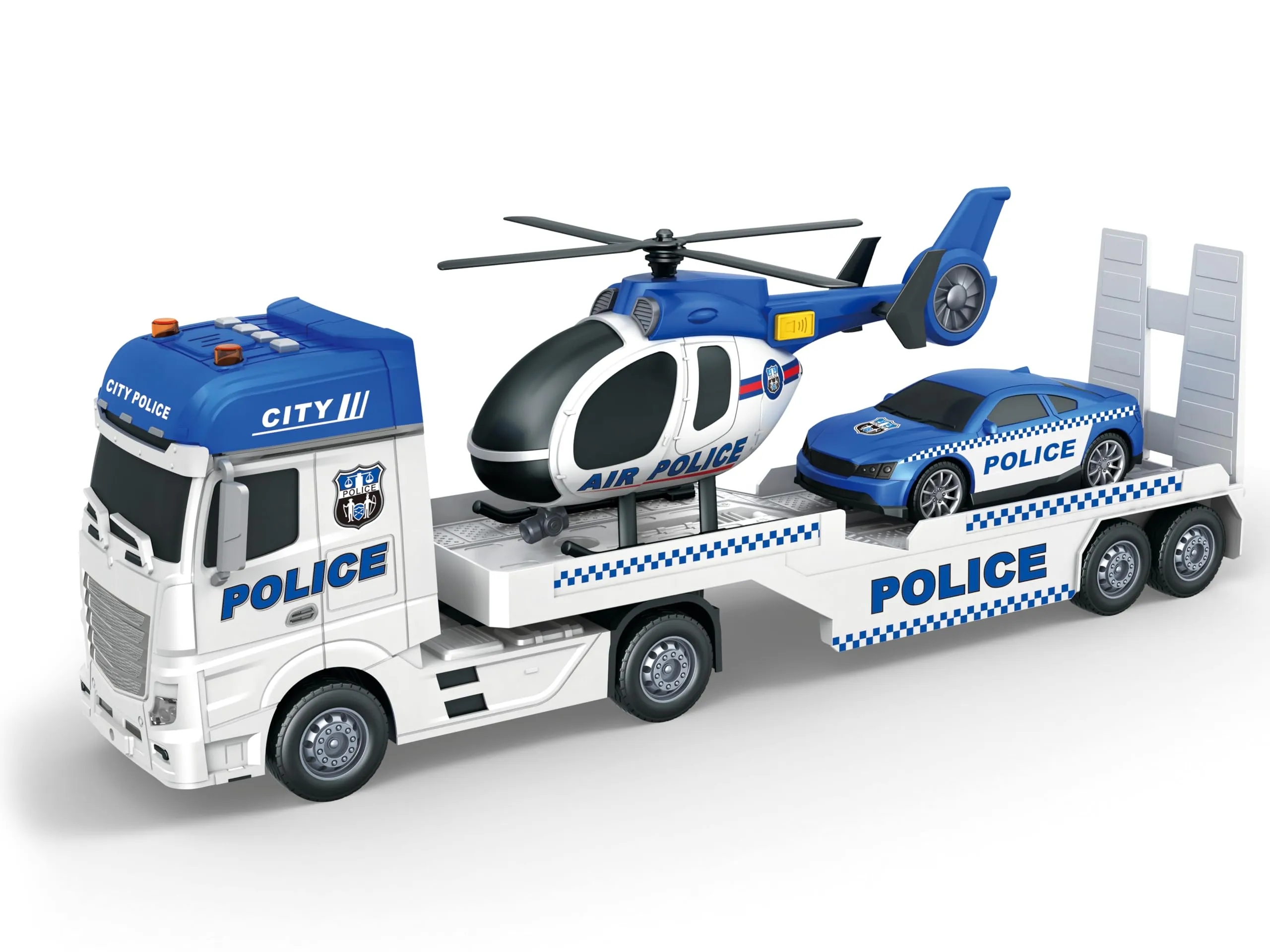 Teorema Giocattoli - Tir, Camion Giocattolo per Bambini, con Elicottero e Auto, Set di Veicoli con Luci e Suoni, Movimento a Frizione, Scala 1:16, Tema Polizia