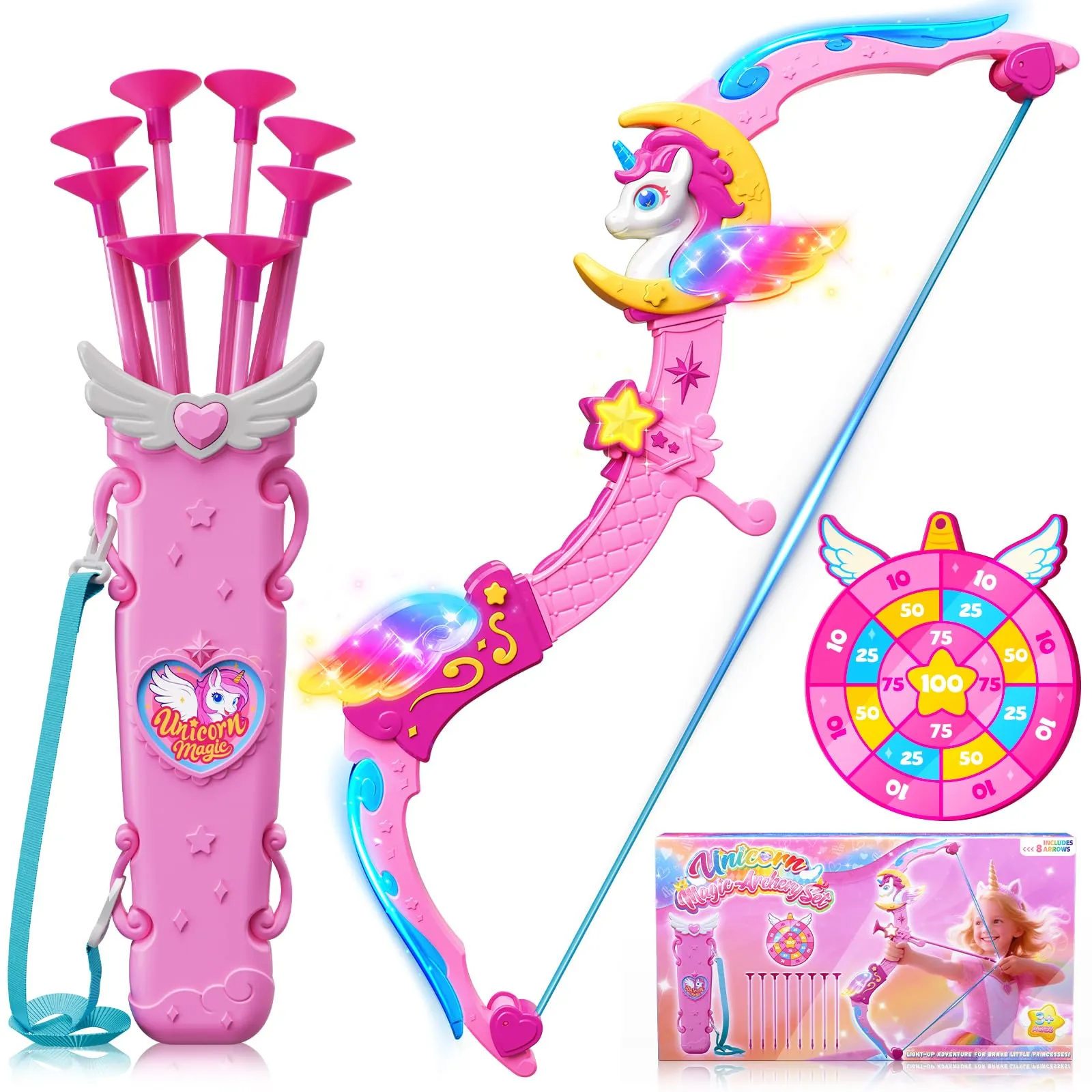 Giocattolo Unicorno per Bambina 3-12 Anni, ArcoFrecce con 6 Luci Magiche, Carquino da Sogno, Bersaglio Principessa, 8 Frecce Rosa a Ventosa, Giochi Natale Compleanno Regalo Bimba 3 4 5 6 7 8 9 10 Anni