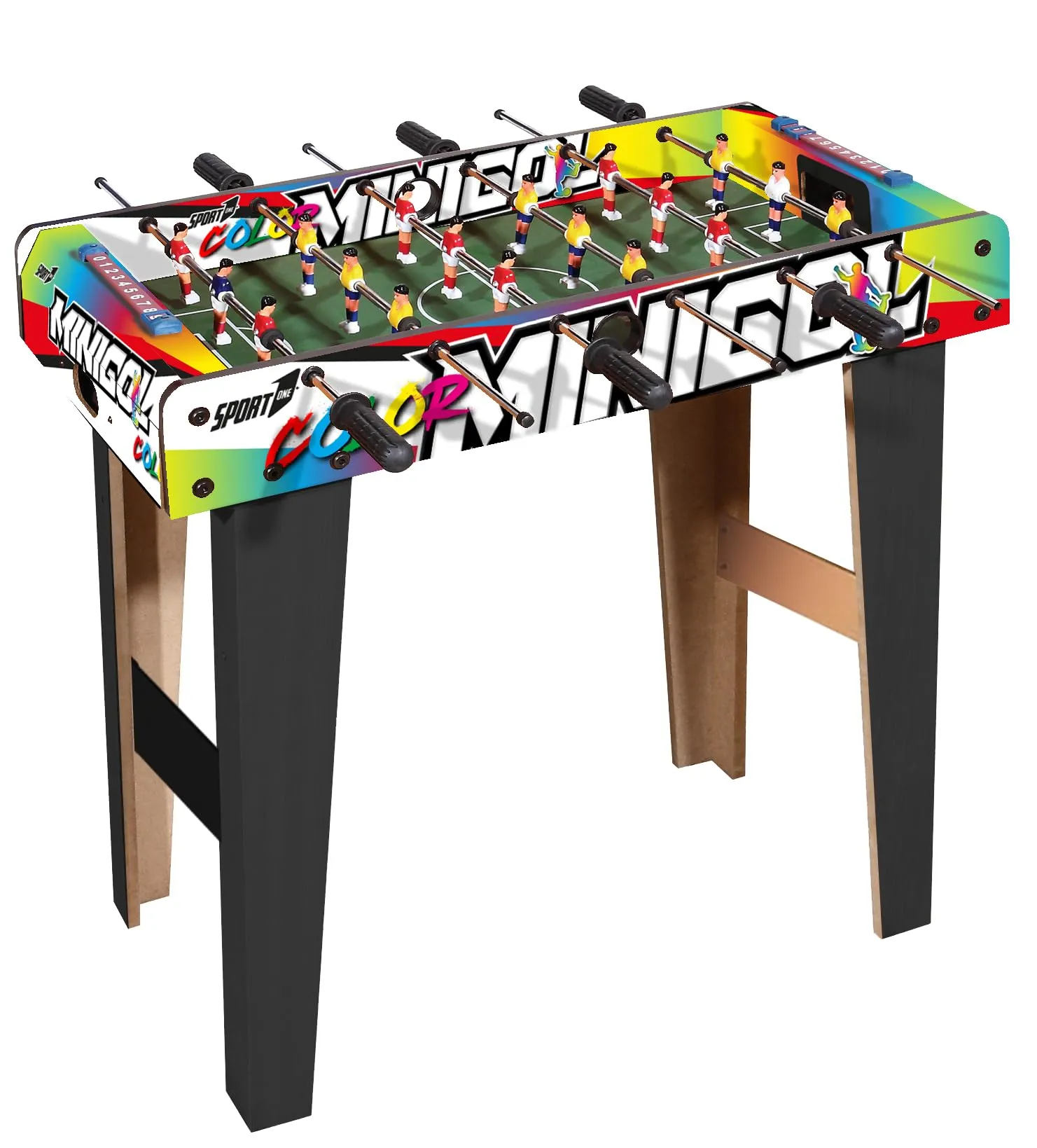 Sport1 Calcetto indoor Mini Goal con gambe. Calcetto balilla da interno in MDF, misure 69x37x65cm. Bigliardino da casa con 6 aste passanti. Segnapunti e palline incluse. Multicolor. Idea regalo