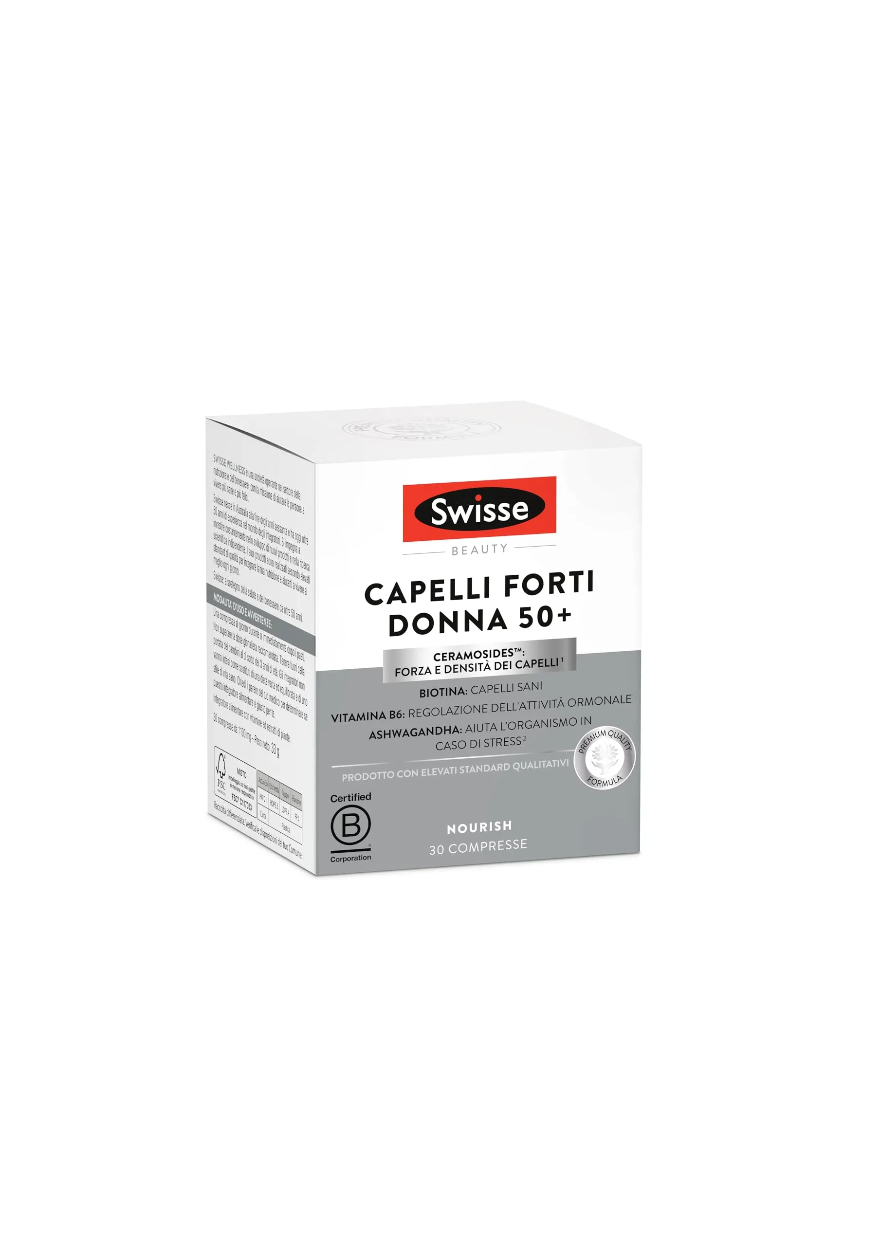 SWISSE Capelli Forti Donna 50+ - Integratore per Capelli Donna con Biotina Ceramosides Vitamina B6-30 Compresse, Pre-Menopausa e Menopausa Integratori Regolazione Attività Ormonale - Made in Italy