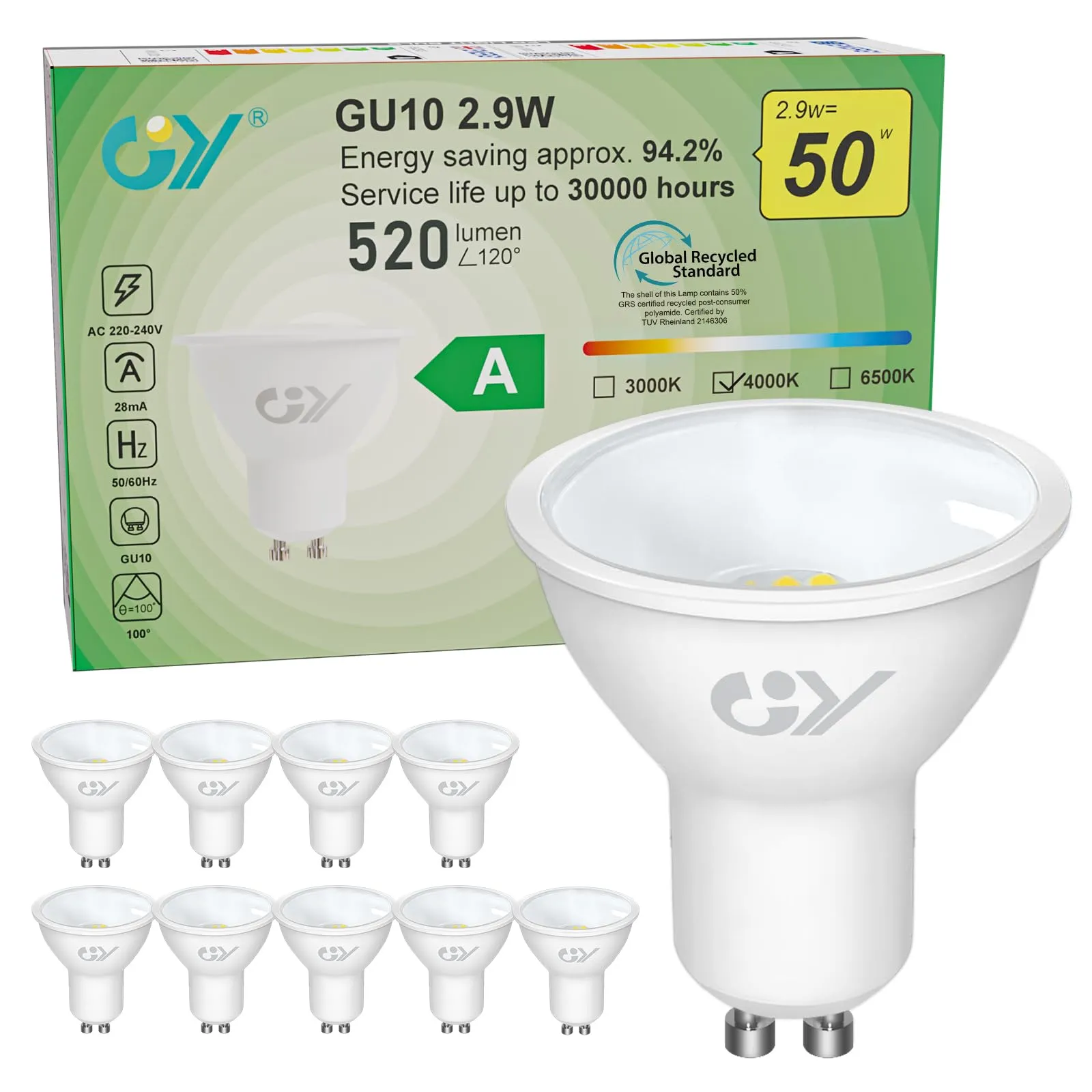 GY Lampadina LED GU10, 2.9W equivalente a una lampadina alogena da 50W, Lampadine led GU10 4000K Bianco Naturale, 520Lumen, Angolo di illuminazione 110°, Attacco GU10 lampada, Non dimmerabile