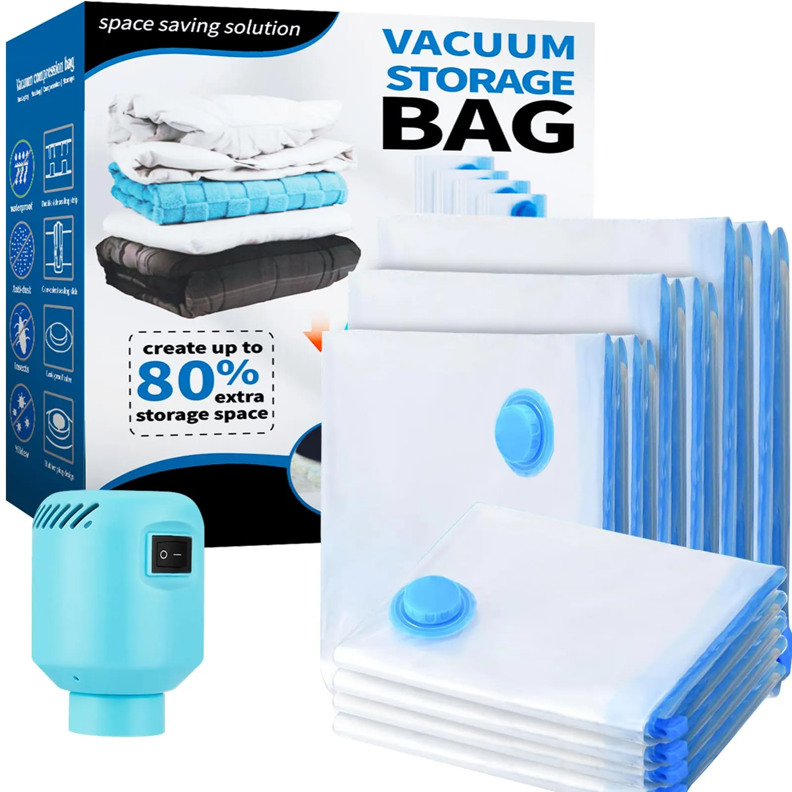 Sacchetti sottovuoto per vestiti con pompa ad aria elettrica 10 sacchetti, 2XL+2L+2M+4S Sacchetti Sottovuoto per Coperte, Cuscini, Piumino, Traslochi, Trapunte, Viaggi