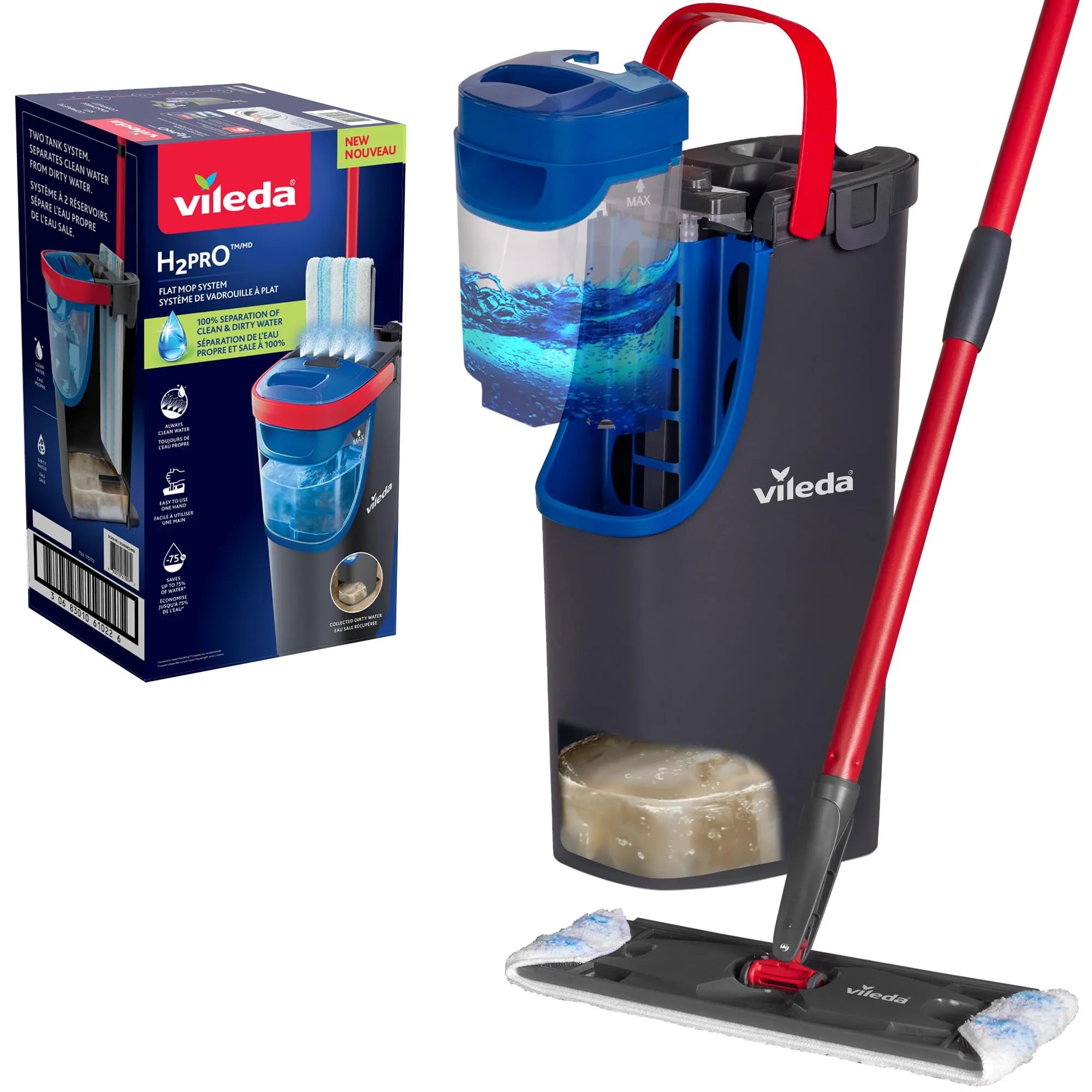 Vileda H2prO - Set di mocio piatto e secchio, separazione dell'acqua pulita e sporca al 100%, strumento per la pulizia di pareti e battiscopa, lavabile in lavatrice, riutilizzabile, in microfibra