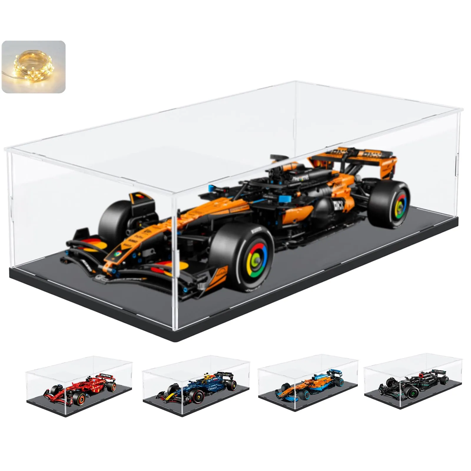 Addensato Vetrina Espositiva Teca Plexiglass Acrilico per Lego 42207 Monoposto F1 Ferrari SF-24 42206 Oracle Red Bull Racing RB20 42171 42141, Trasparente Scatola con Luce, Interno Nero 70x30x20cm