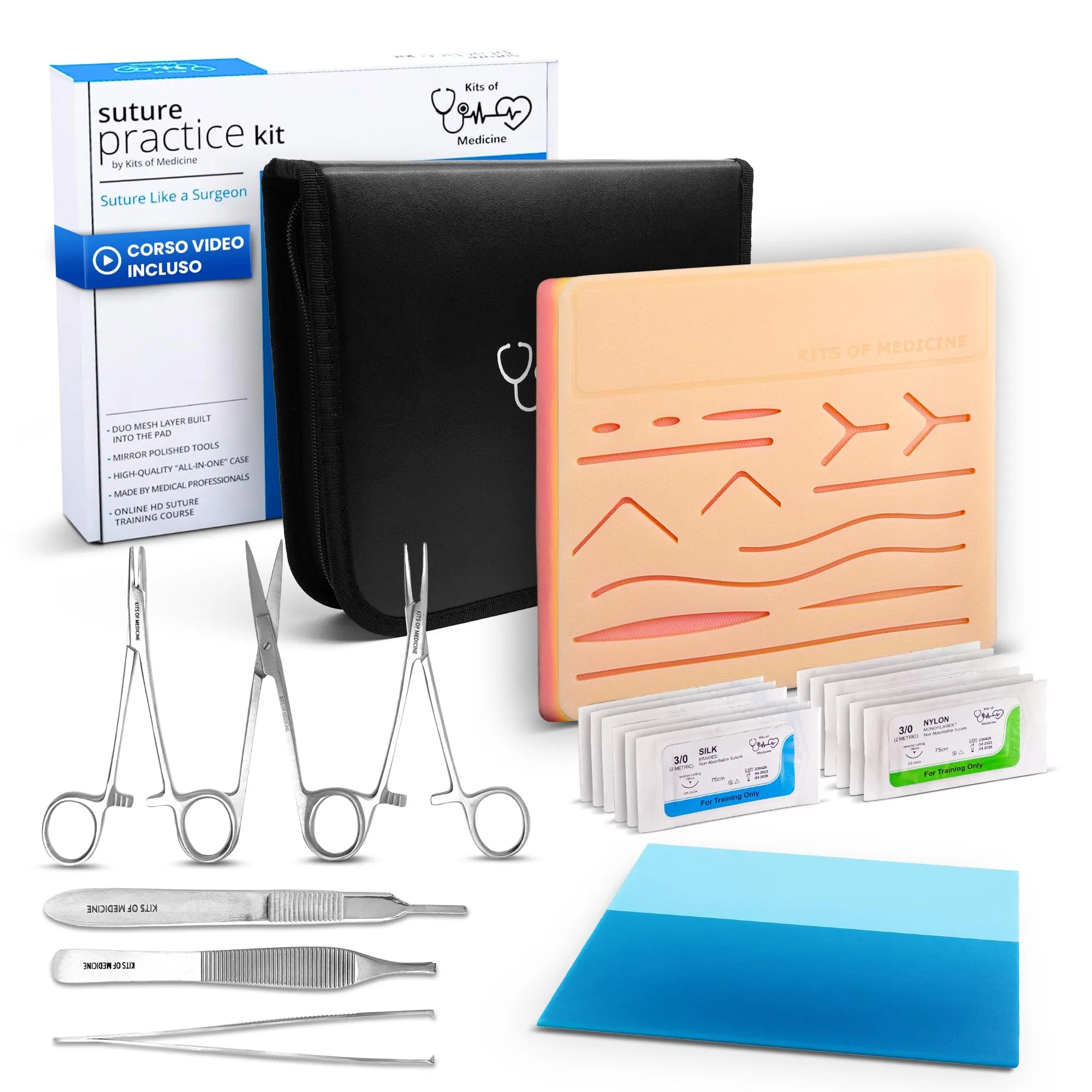 Kit di Sutura | Corso Video Di Suture 9 Video In Italiano | Kit Pratica Di Sutura Completo Per Studenti Di Medicina, Veterinari | Cuscinetto Per Sutura Di Silicone Resistente | Ottimo Regalo