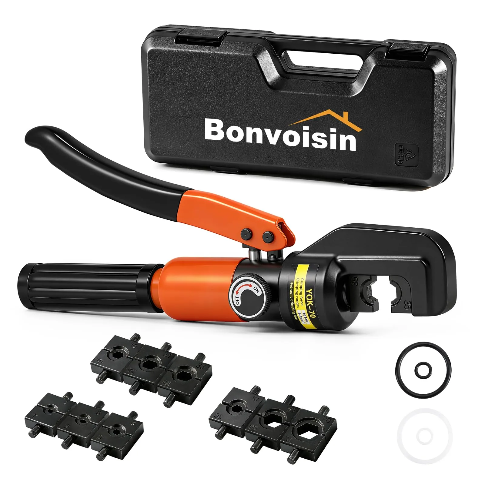 Bonvoisin Pinza crimpatrice idraulica 9 forme, spessore 4 – 70 mm². Manico in acciaio cromato spesso isolato. Adatto per morsetti in rame/alluminio. Istruzioni in tedesco