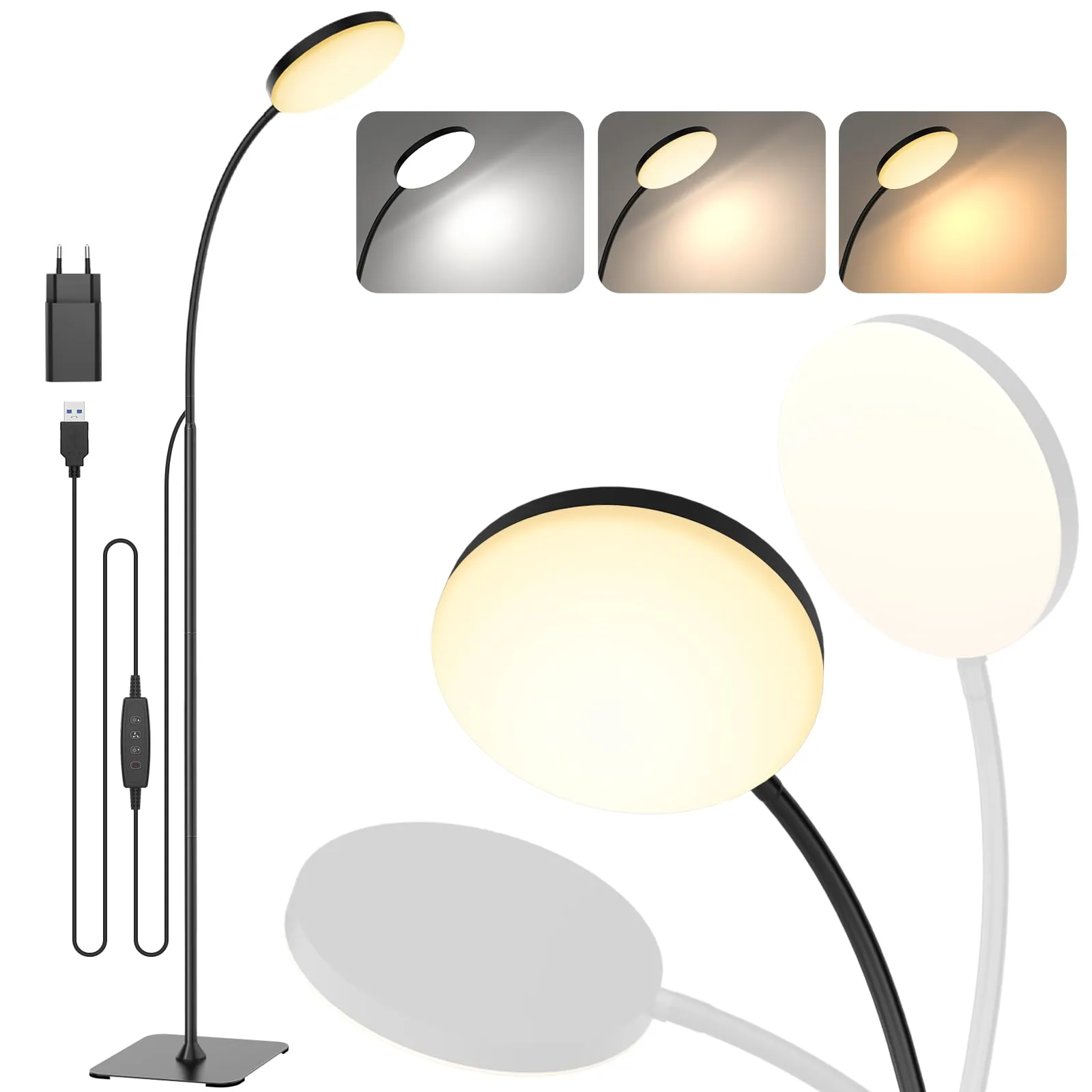Mojimdo 160LED Lampada da terra [3 colori e 10 luminosità] Lampada da lettura LED sottile da terra, luce a collo d'oca flessibile regolabile e dimmerabile per camera da letto per bambini, ufficio