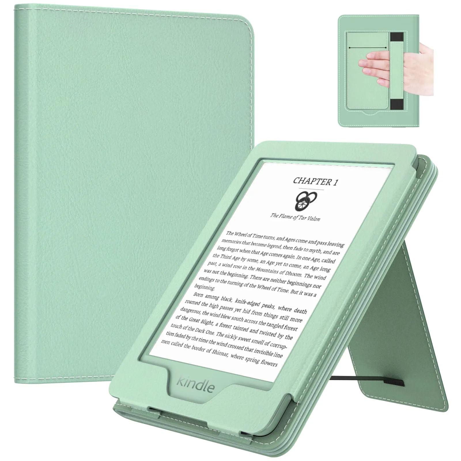 MoKo Custodia Compatibile con 6 Pollici Kindle 11a Generazione 2024/2022, Magnete Riattivazione e Standby, Con Supporto,Cinturino da Presa e Fessure da Tesserini per Kindle 2024 11a Gen, Verde Agave