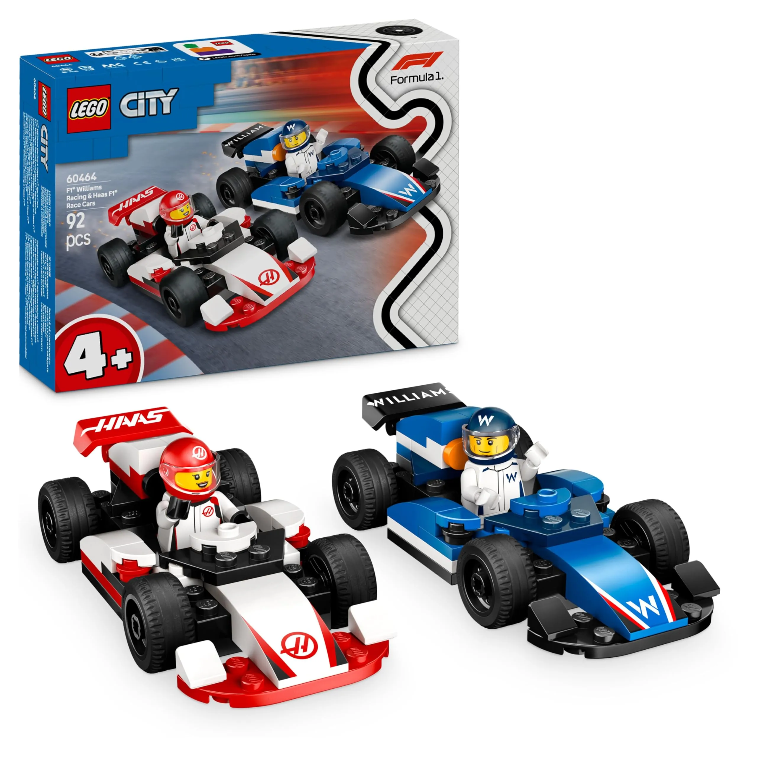 LEGO City Williams Racing e Haas F1 - Modelli di Auto da Corsa da Costruire con 2 Minifigure di Piloti e Starter Brick - Idea Regalo per Bambini e Bambine da 4 Anni Fan delle Macchine Giocattolo 60464