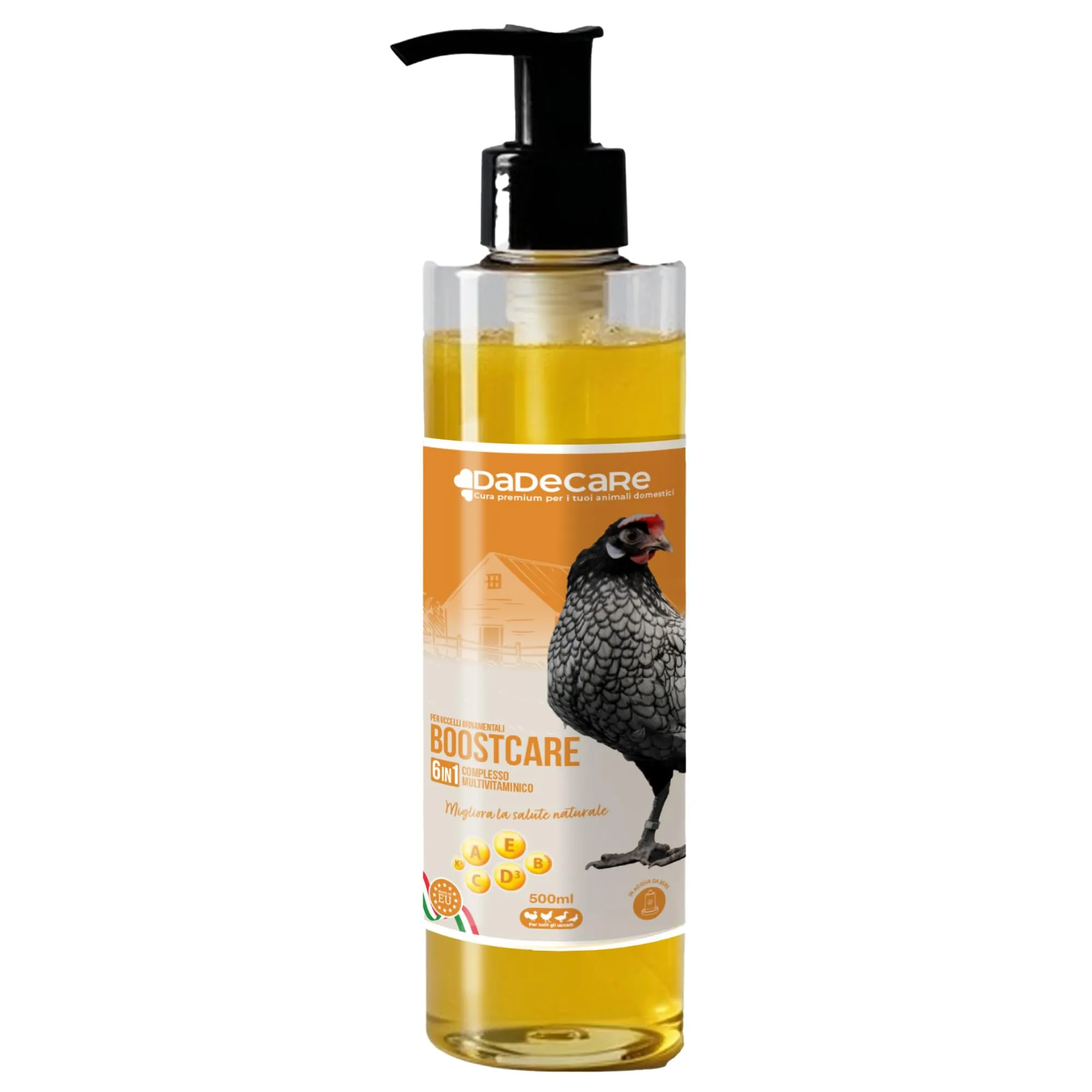 DADECARE Multivitaminico 6 in 1 500ml Uccelli | Vitamine A-E-D-C-B| Mangime complementare per abbeveratoio Galline, polli, piccioni, pappagalli e parrocchetti con dosatore - Boostcare