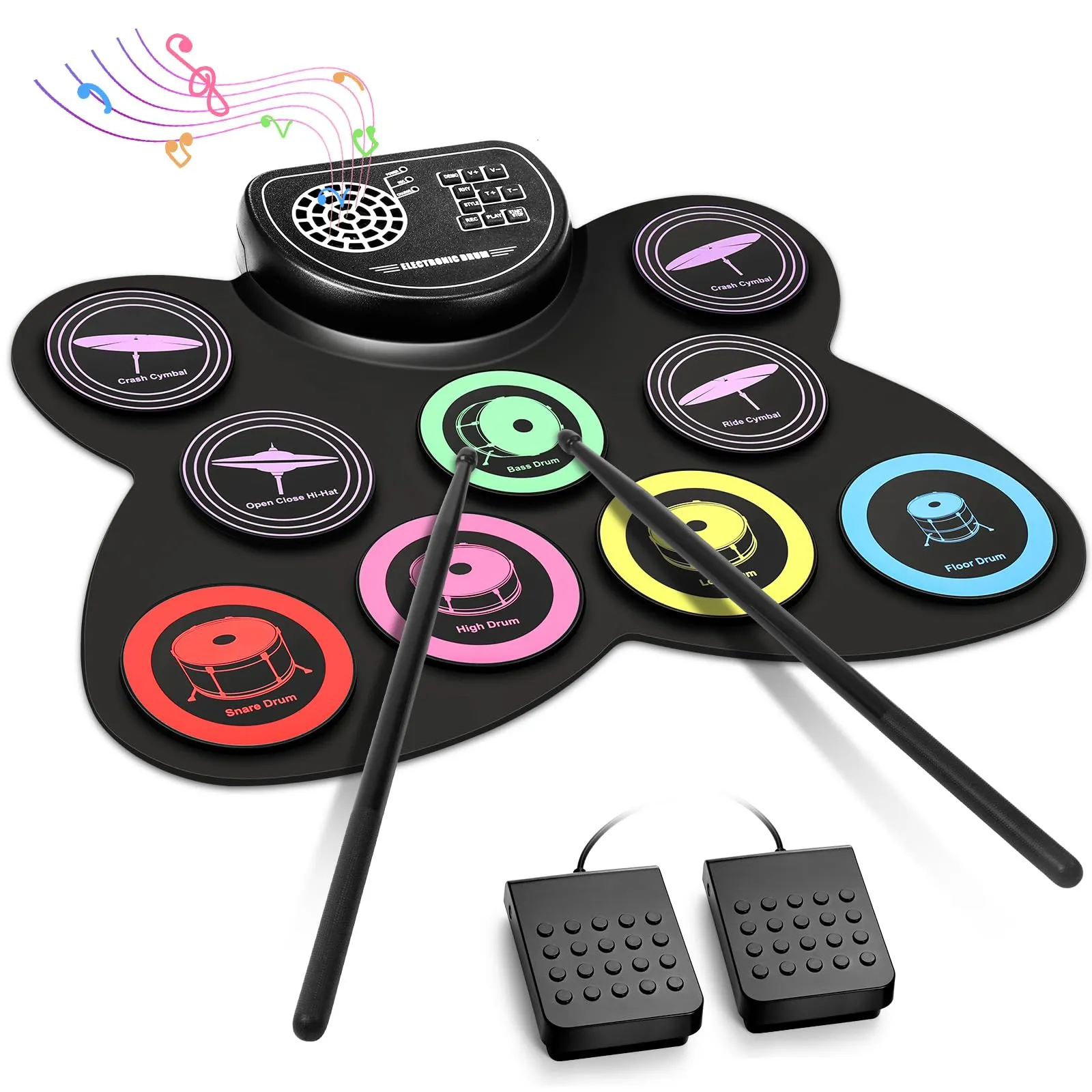 Anpro Set Batteria Elettrica Portatile, 9 Pads Batteria Elettrica Roll Up, Batteria Silenziosa Altoparlante Incorporato per Bambini/Principianti, Adulti e Principianti, Regalo di Compleanno