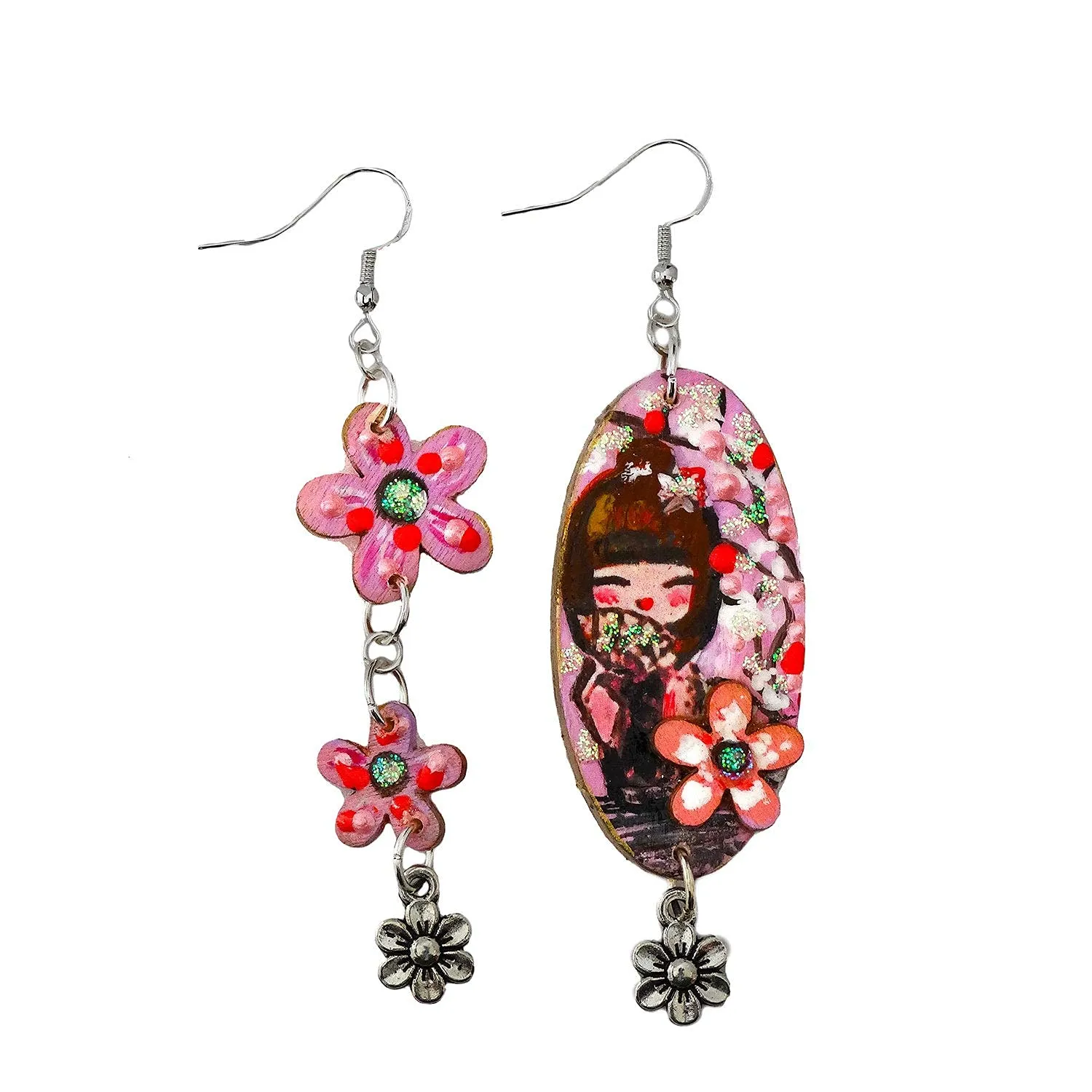 Orecchini dipinti a mano – KOKESHI ROSA ASIMMETRICI - Orecchini pendenti da donna, Gioielli in legno dipinti a mano, Made in Italy, Bijoux da donna decorati, Lavorazione Artigianale