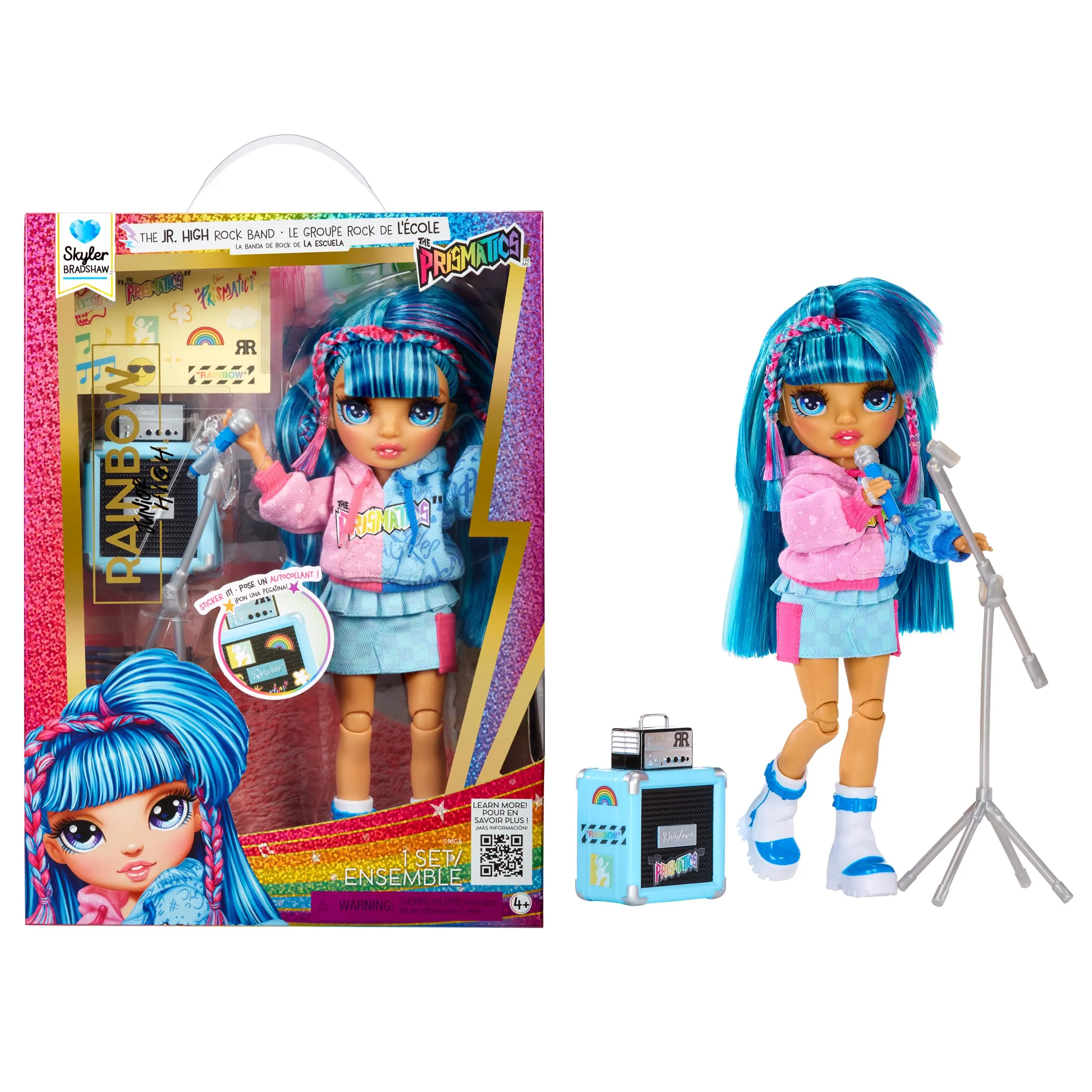 Rainbow High Junior High Rock Band - Skyler, blu - Bambola Fashion di 23 cm con Microfono, Amplificatore, Personalizzabile con Adesivi, Snodata, Età: 4+