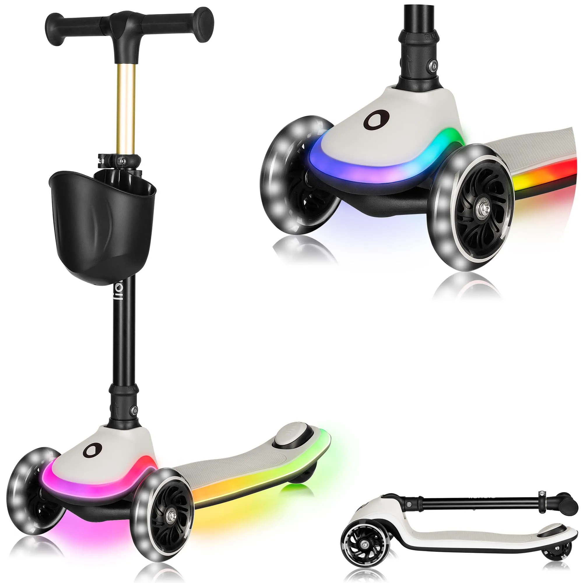 LIONELO Monopattino Bambino a 3 Ruote MEY per bambini da 3 anni fino a 50kg, Monopattino per Bambini con Illuminata e Ruote a LED, Altezza Regolabile, Pedana Antiscivolo, laggero, Cestino (MAY, Beige)