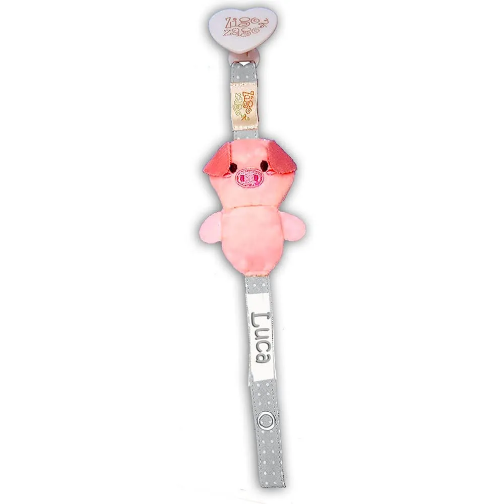 Zigozago - Catenella Portaciuccio con Motivo Maialino | Personalizzabile con Nome | Accessorio per neonati artigianale con Clip, Fatto a Mano, in tessuto, lunghezza 27 cm