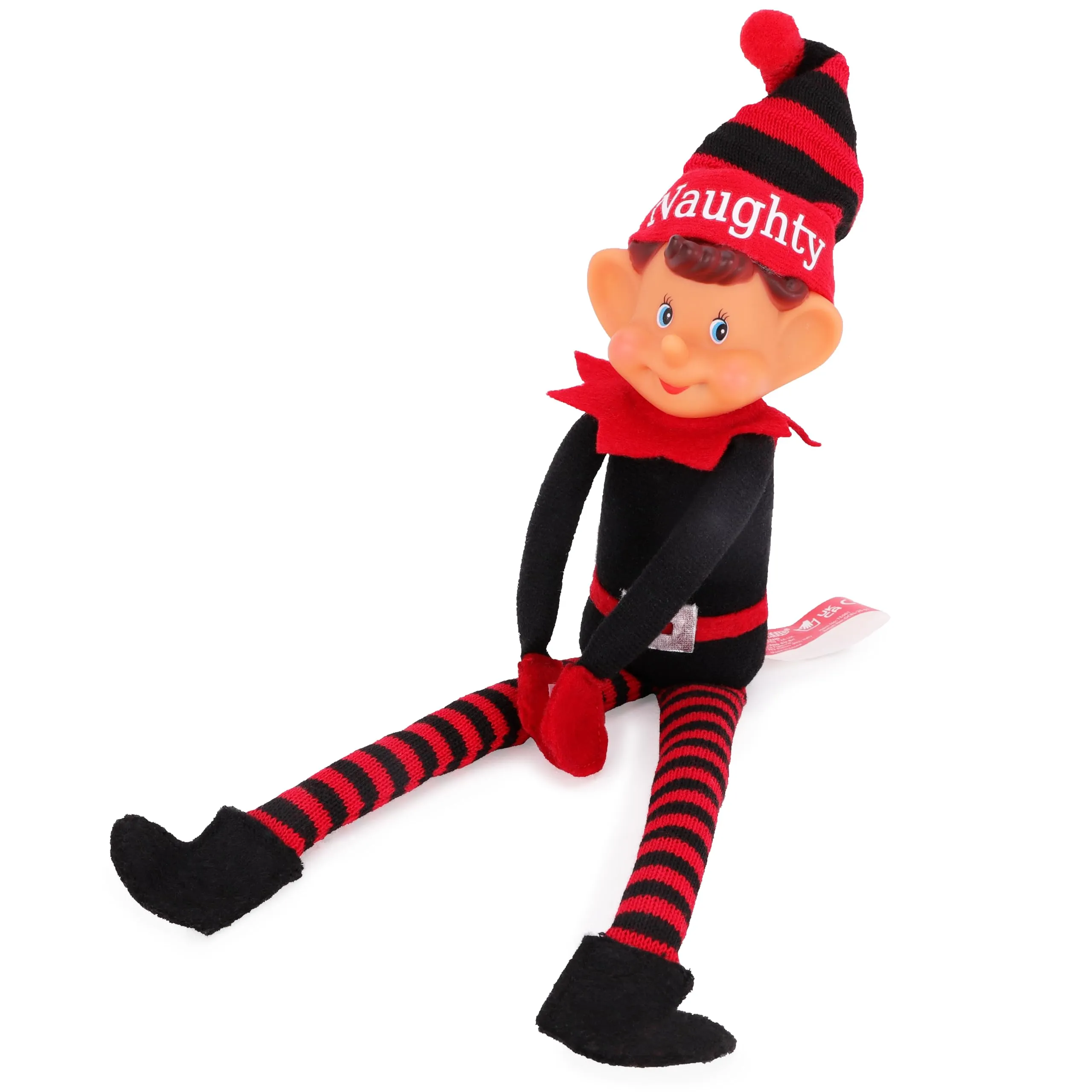 Toyland®️ Elves With Attitude 35 cm (14") Peluche elfo 'Naughty' rosso e nero - Cappello e gambe lavorati a maglia - Faccina impertinente in vinile e mani unite - Divertimento festivo per tutti!