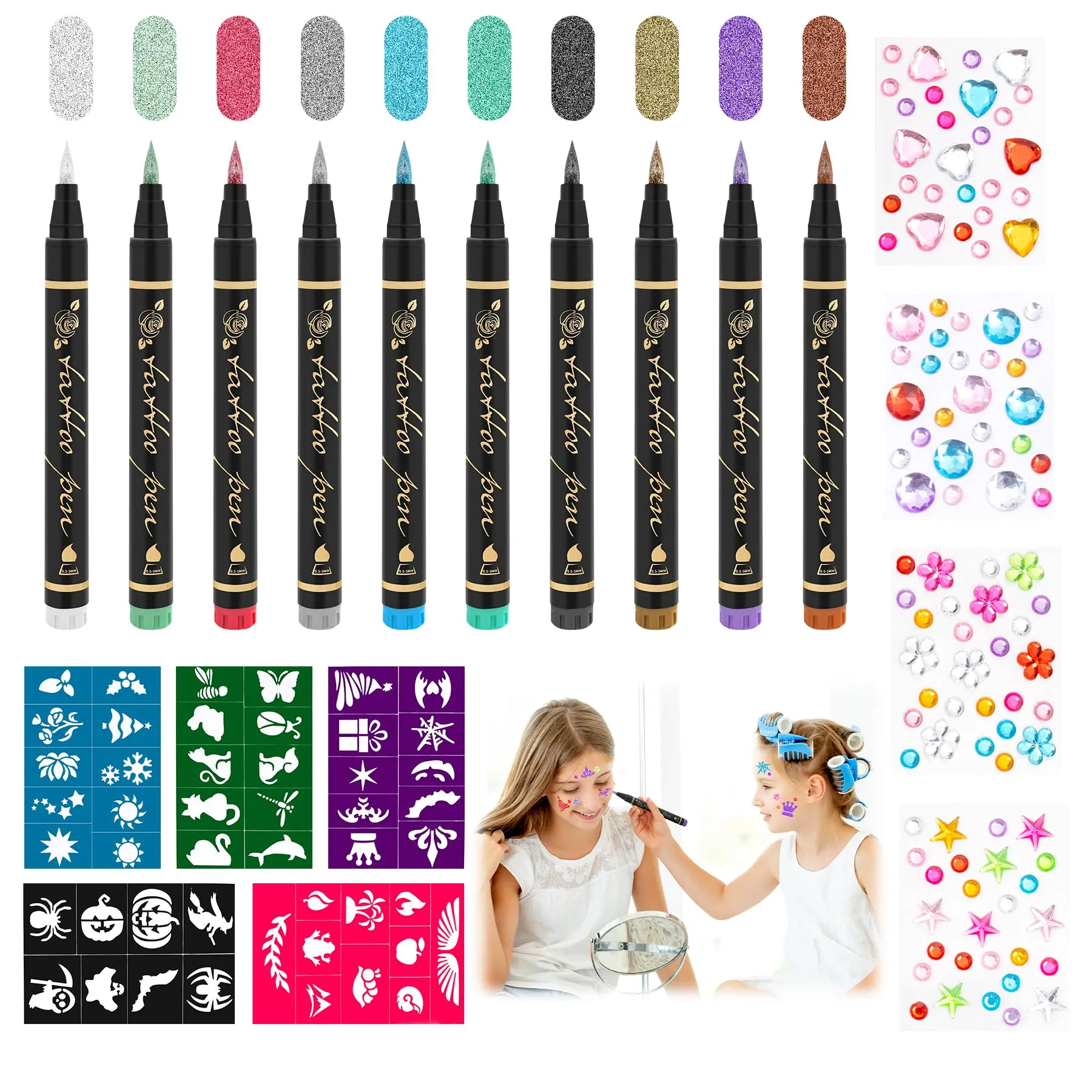 LTFIOON Tatuaggio Bambini, Tatuaggi Penne Bambini con 10 Glitterati Penna, 5 Tattoo Stencils, 4 Adesivi Diamanti, Kit tatuaggi Pennarelli, Glitter Tattoo per Ragazzi, Ragazze, Carnevale, Halloween