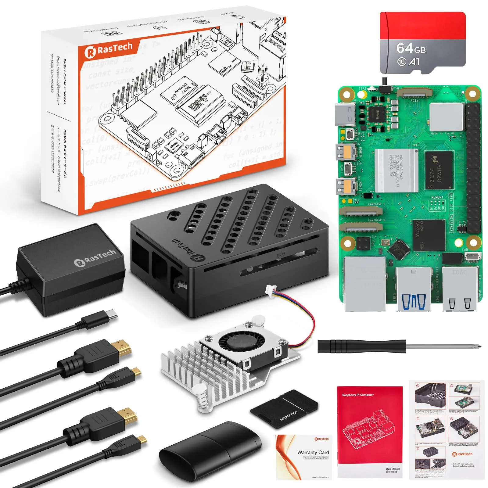 RasTech Raspberry Pi 5 8GB Kit 64GB Edition con Active Cooler, alimentazione USB-C da 27W 5.1V5A, scheda Pi5 8GB, kit lettori di schede da 64GB, custodia Pi 5, cavi di uscita Dual 4K Micro HD