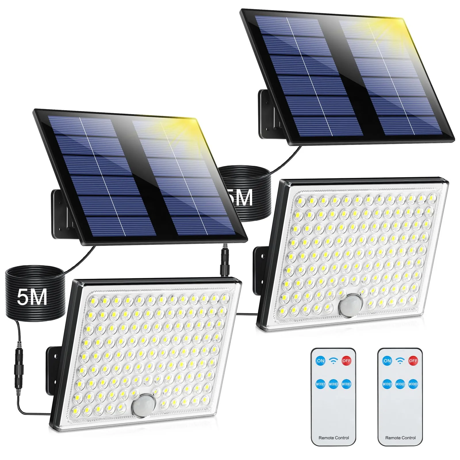 Faretto Led da Esterno Solare con Sensore di Movimento, Luce Solare Led Esterno con Telecomando, 2000mAh 3 Modes IP65 Impermeabile Lampada Solare da Esterno con Pannello Solare per Giardino, 2 Pezzi