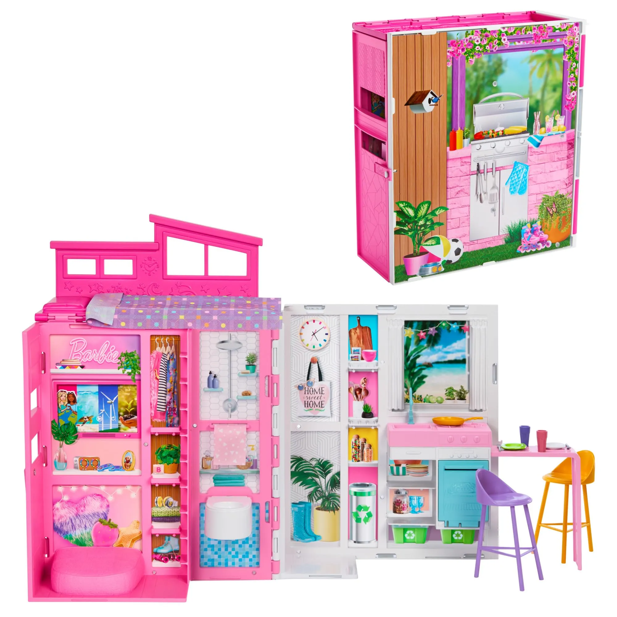 Barbie - Casa delle Vacanze, playset con 4 aree di gioco e 11 accessori decorativi inclusi, con cucina, bagno camera da letto e soggiorno, giocattolo per bambini, 3+ anni, HRJ76