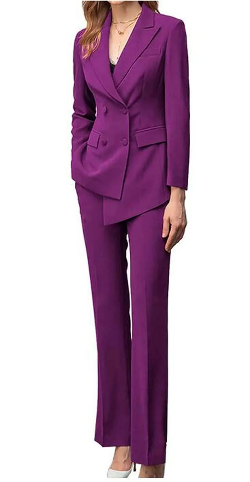 2 PC Doppio Petto Ufficio Signora Suit Notch Risvolto Giacca Pantaloni Set Business Suit Prom Party Outfit Casual Suit, Viola, XL