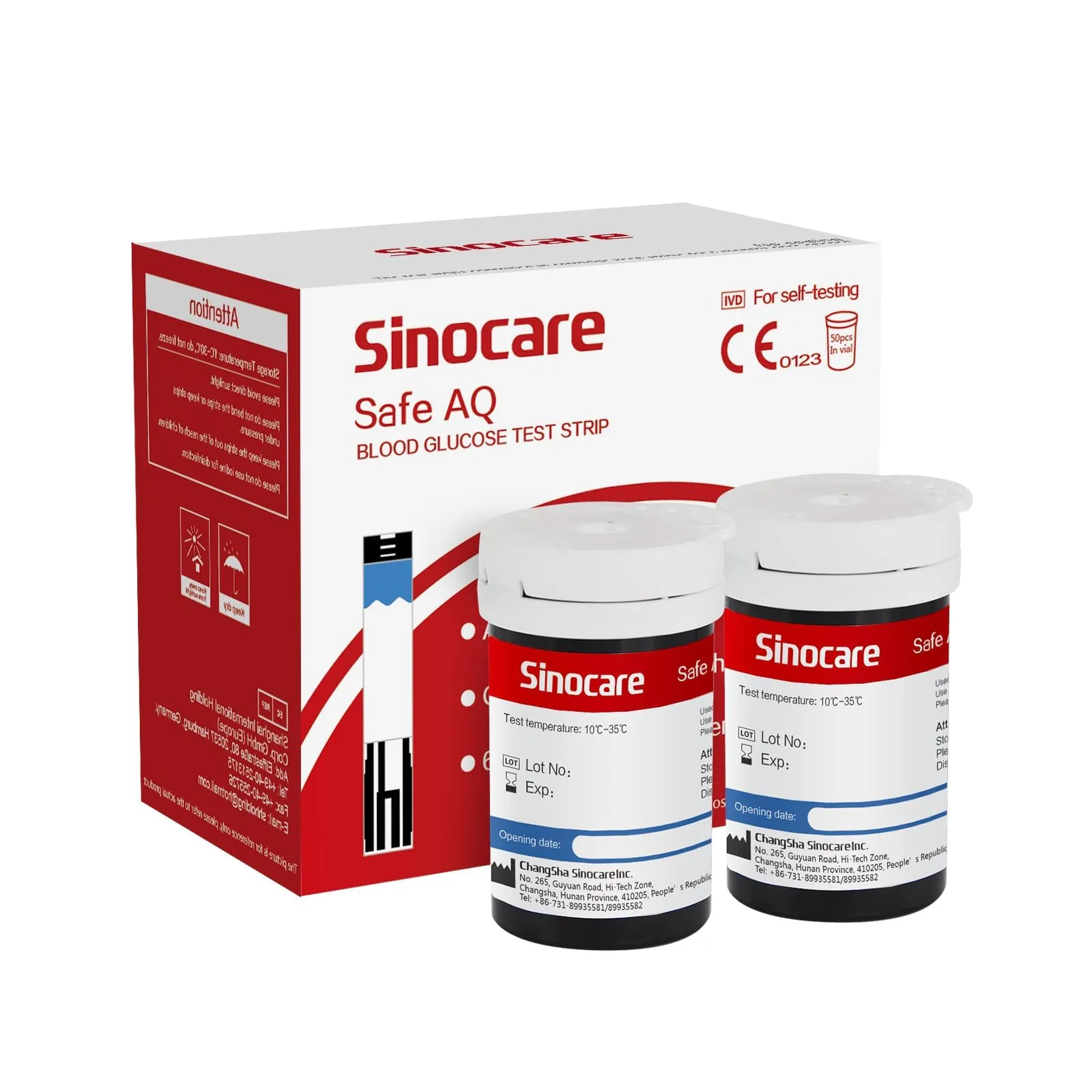 Sinocare Safe AQ Strisce per Glicemia, 50 Pezzi Senza Lancetta, Strisce Reattive Adattabili solo a Safe AQ Smart e Voice Glucometro, [Lancetta non incluso][Glucometro non incluso] (50 Pezzi)