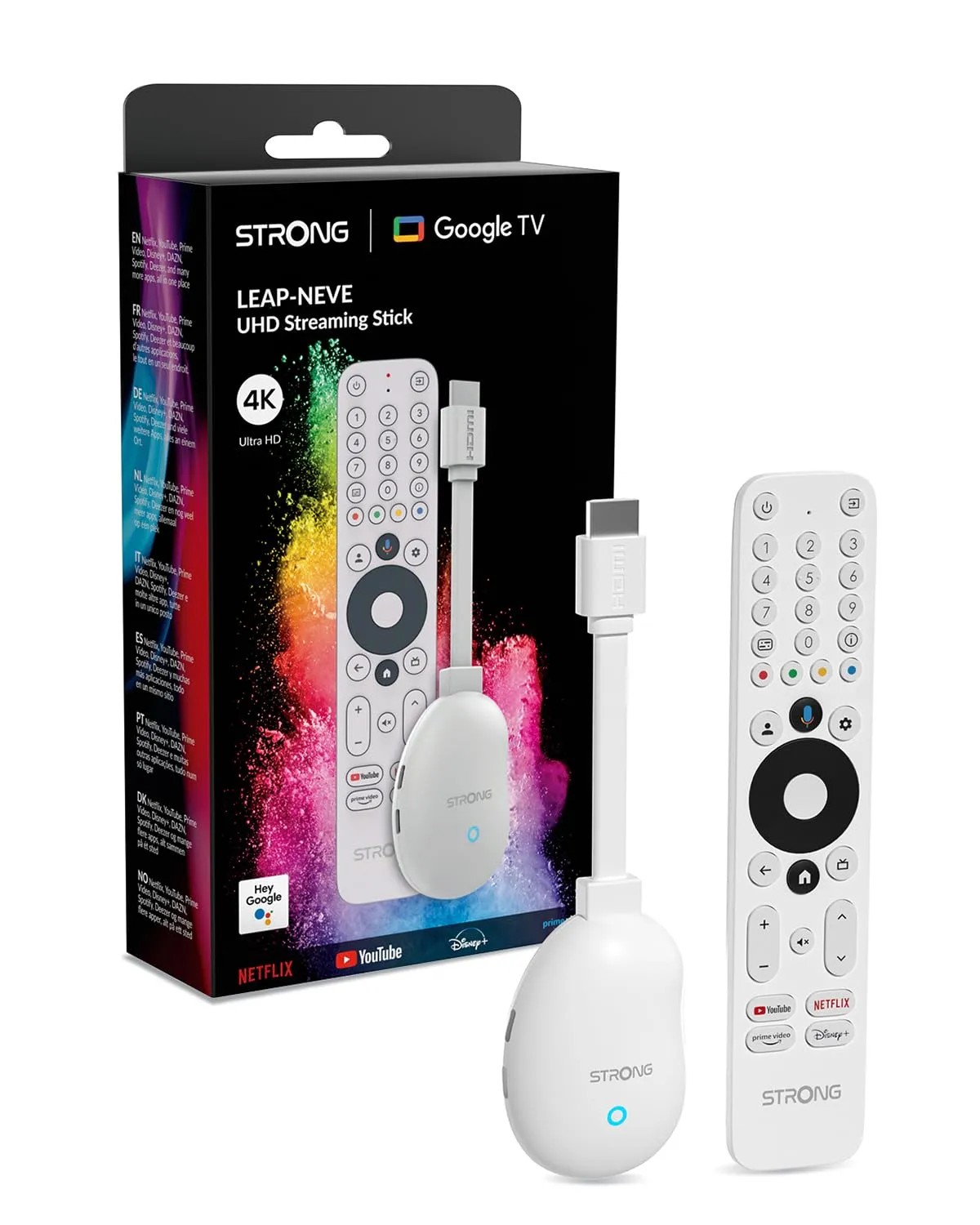STRONG Leap-NEVE Streaming Stick Google TV 4K UHD Con Porta Ethernet, 2GB RAM + 16GB Memoria, Wi-Fi 6, Android 12, Chromecast Integrato, Assistente Google, Dolby Atmos & Dolby Vision