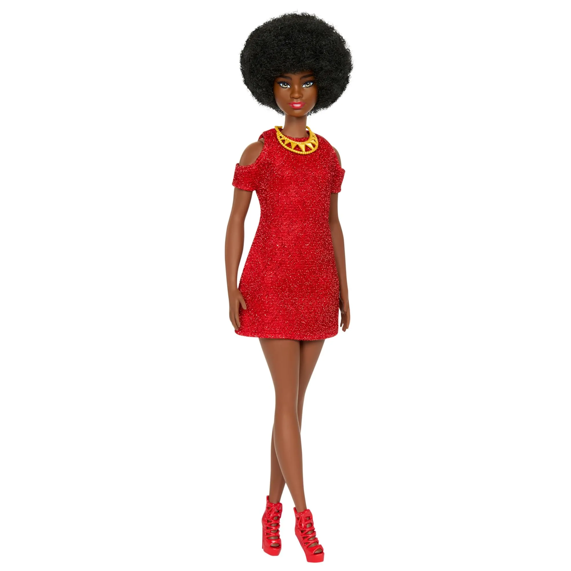 Barbie - Bambola Fashionistas n. 221 da collezione 65° Anniversario, con capelli neri naturali, accessori moderni e abito rosso per un look stile 1980, giocattolo per bambini, 3+ anni, HRH18