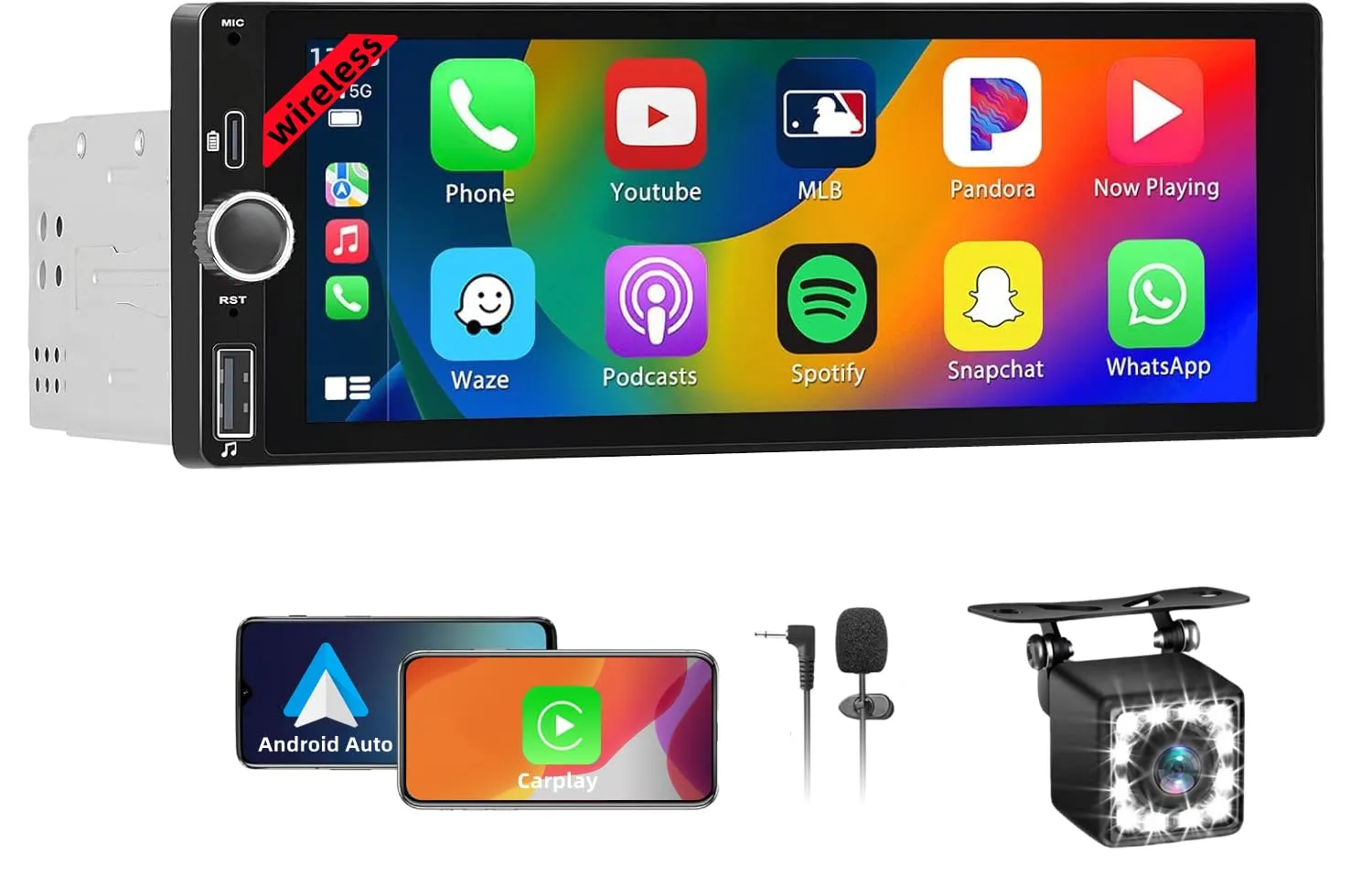 Wireless Autoradio CarPlay 1 DIN - 6.86 Pollici Touchscreen Stereo Auto Bluetooth con Schermo, Radio 1 Din Car Play Supporta Mirror Link con Telecamera, RDS FM Radio/Type-C de Recharge/Mic/SWC