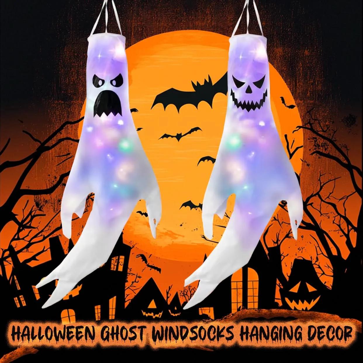 2 Pezzi Manica a Vento Fantasma di Halloween, Halloween Decorazioni, Fantasma Windsock Decorazione Appesa di Halloween, Ghost Windsocks con Luce Colorato a LED, per Halloween Decorazioni