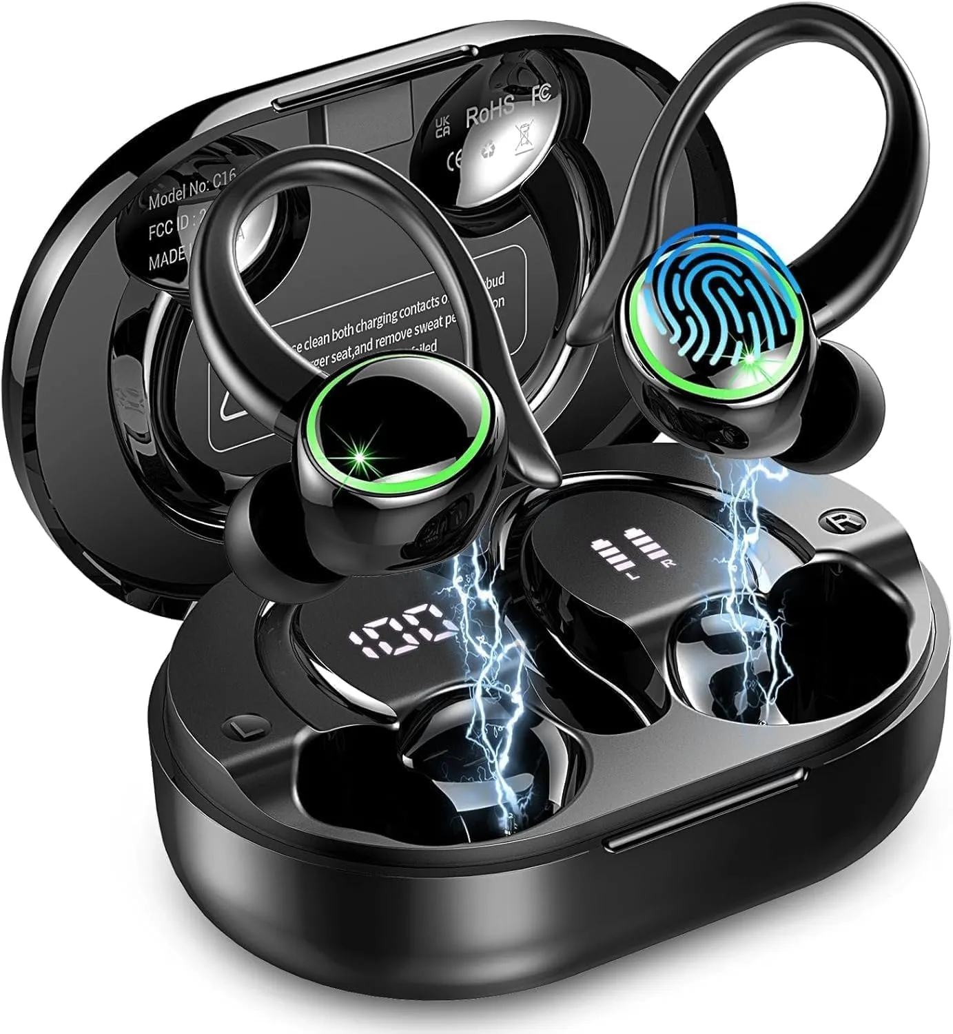 Cuffie Bluetooth 5.4, Auricolari Bluetooth Sport con 3D Bass Hifi Stereo, 50 Ore Cuffie Wireless In Ear Cancellazione Rumore ENC e 4 HD Mics, IP7 Impermeabile Cuffie Senza Fili, Cuffiette LED Display