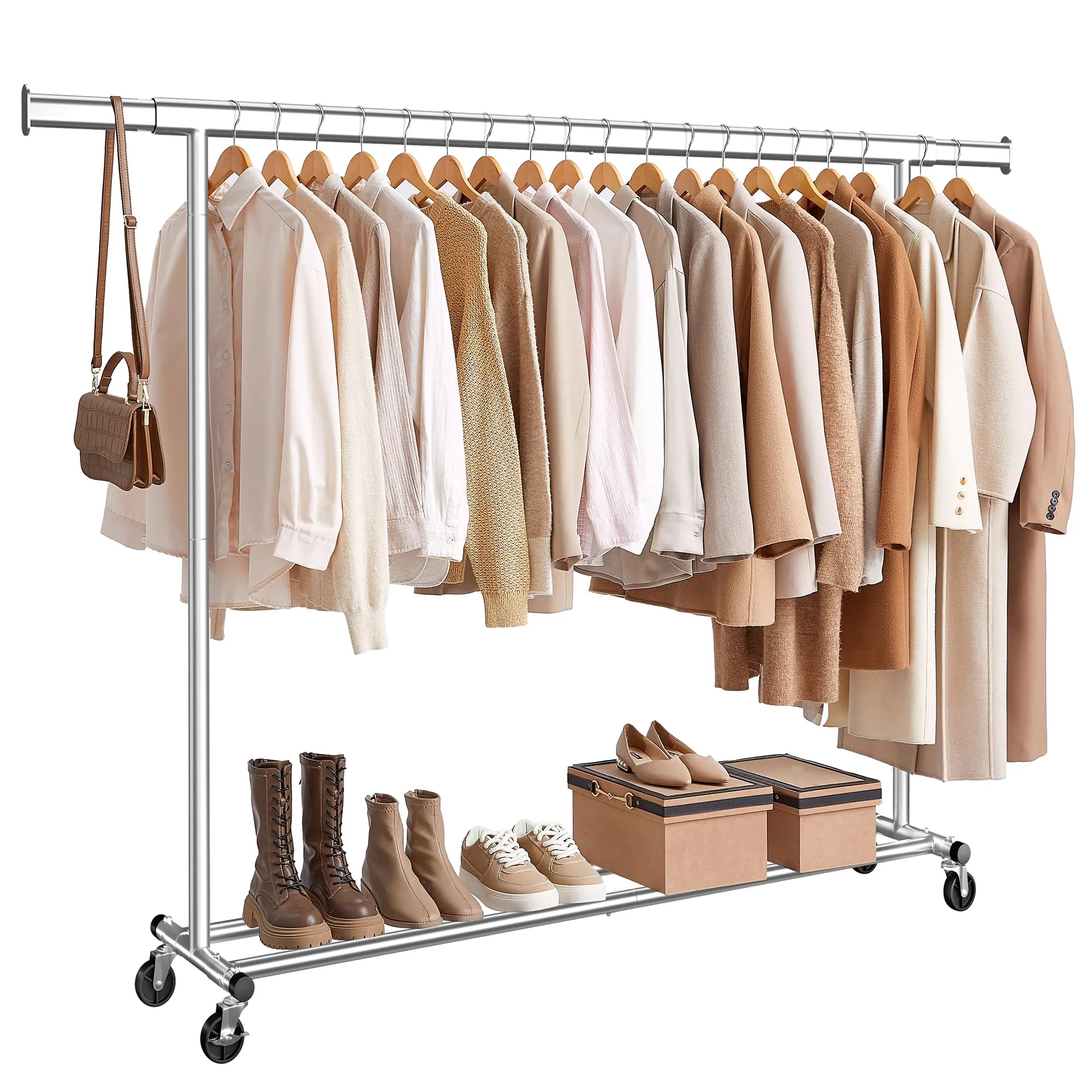 SONGMICS Stand Appendiabiti con Ruote, Attaccapanni Estensibile per Carichi Pesanti, Portata Totale 150 kg, 45 x (160-200) x 161,5 cm, Facile da Montare e Spostare, Argento HSR175E01