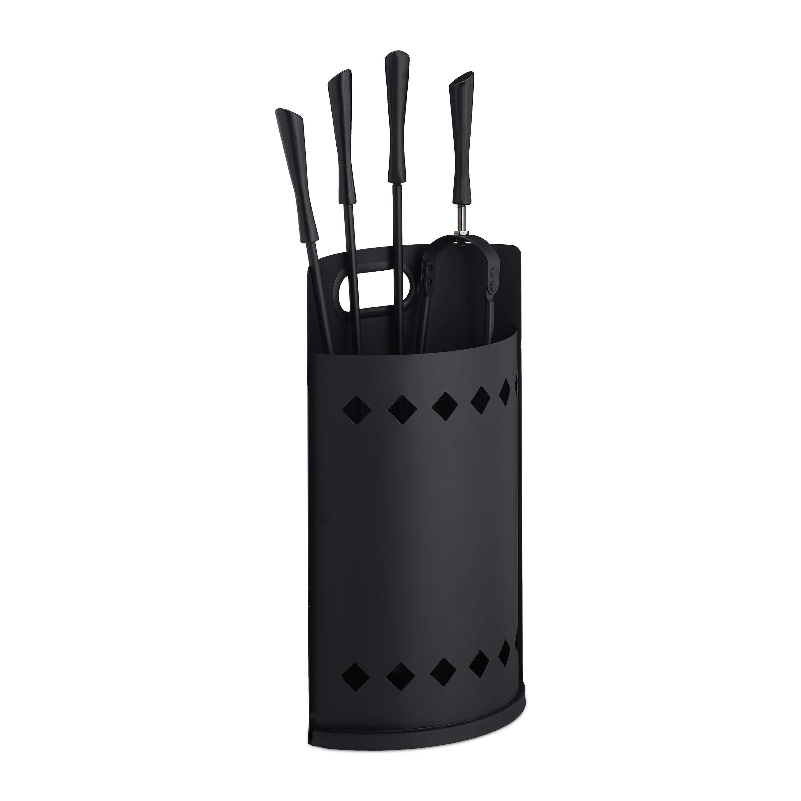 Relaxdays Accessori da Camino, Moderni, 5 Parti con Attizzatoio, Paletta Pinza, Scopino e Secchio Porta Attrezzi, Nero, Acciaio