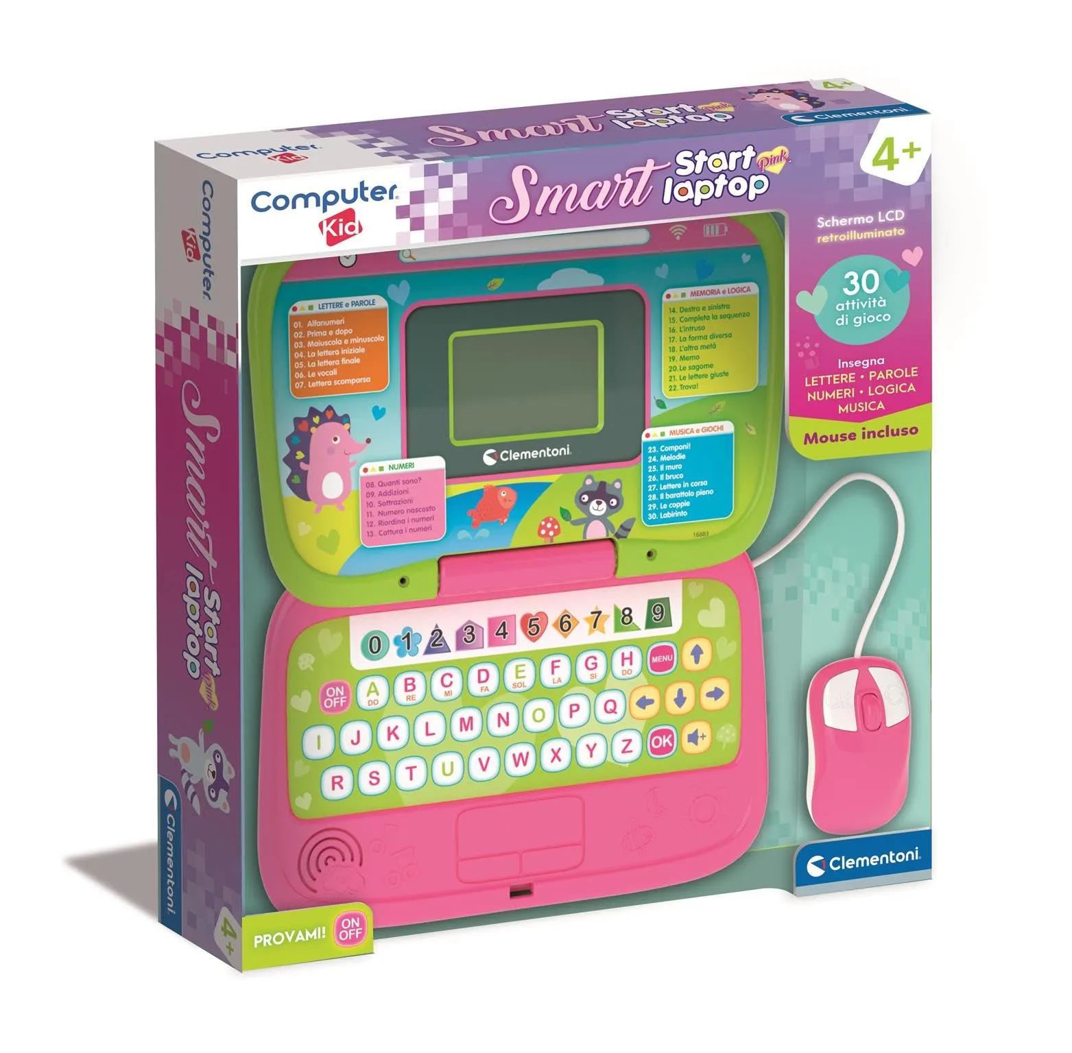 Clementoni - Computer Kid Smart Start Laptop Pink, Gioco Educativo per Bambini 4+ Anni, 30 attività, Impara Lettere, Numeri e Musica, con Mouse, Tastiera, Batterie Incluse, Lingua Italiana, 16883