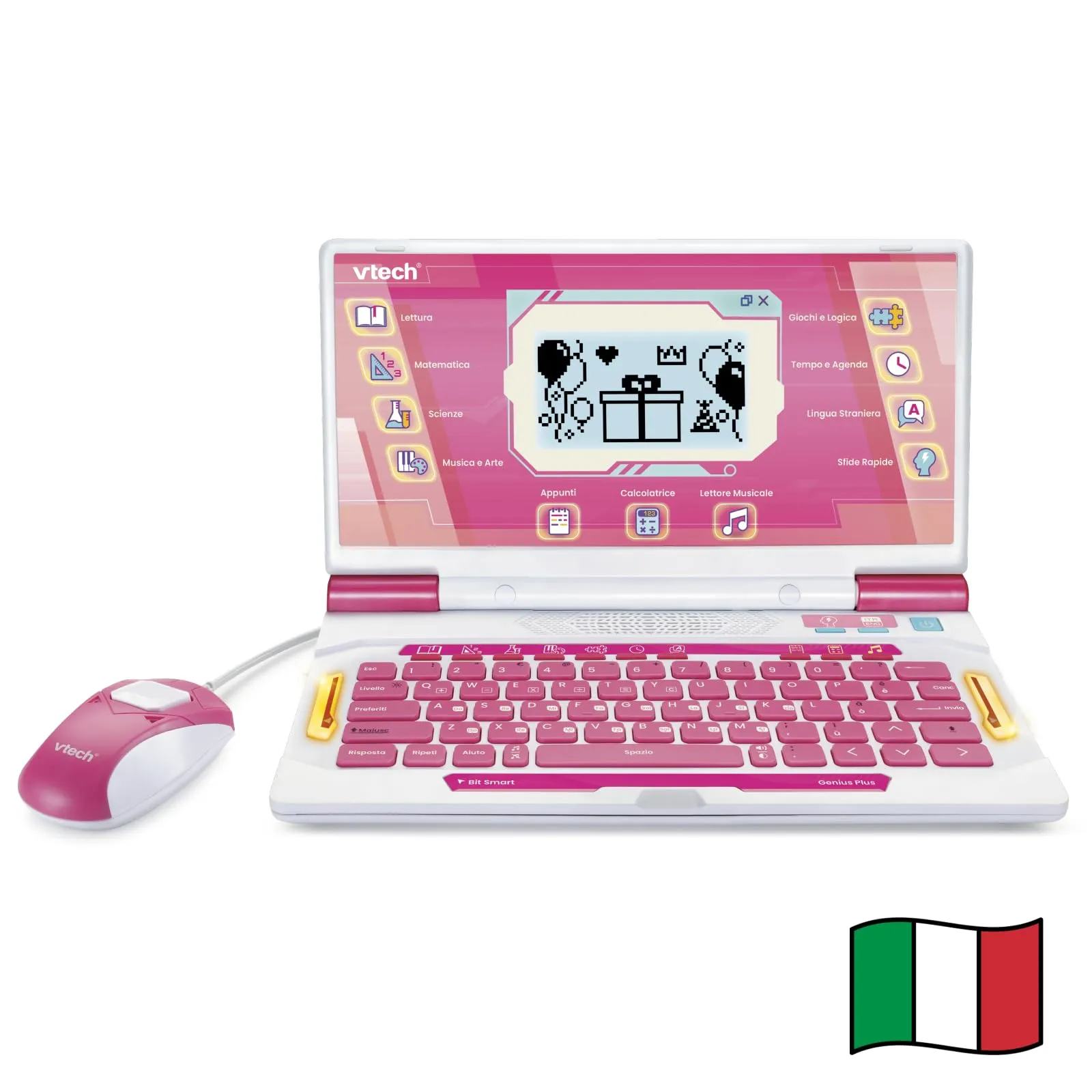 VTech Bit Smart Genius Plus Rosa, Computer Interattivo Bambini, Computer con Mouse Incluso, 164 Attività, Computer Didattico Bilingue Italiano e Inglese, Tastiera QWERTY, Batterie Incluse, 6-11 Anni