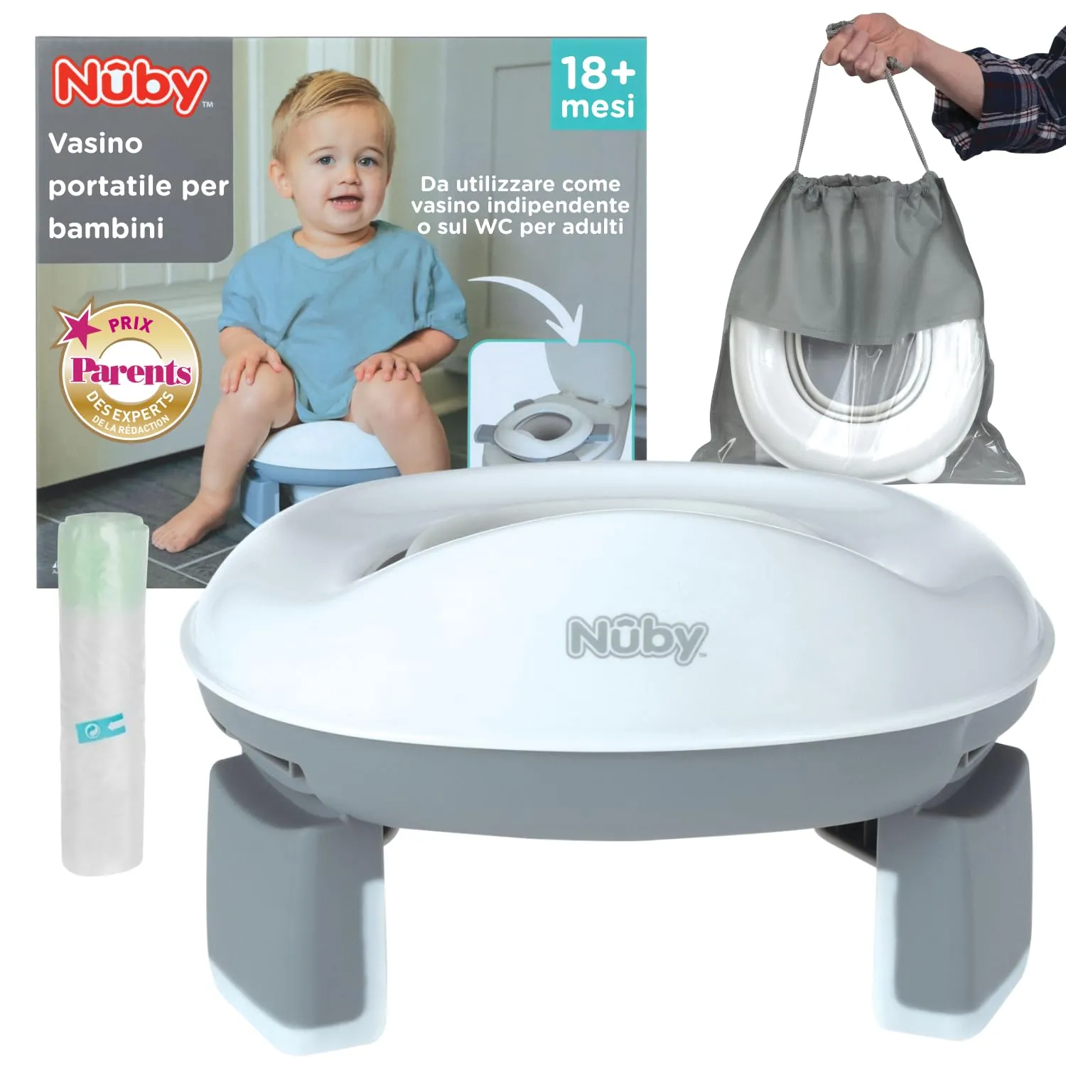 Nuby - Vasino portatile per bambini da viaggio - Wc portatile 2 in 1 Riduttore wc bambini o uso in autonomia - Con protezione paraschizzi e sacchetti usa e getta - Per imparare a usare il bagno